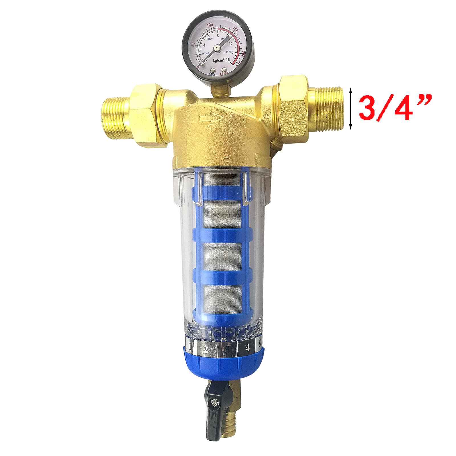 Spin Down - Filtro acqua per sedimenti con manometro, prefiltro per filtro sedimenti, tubo dell'acqua da pozzo (3/4")
