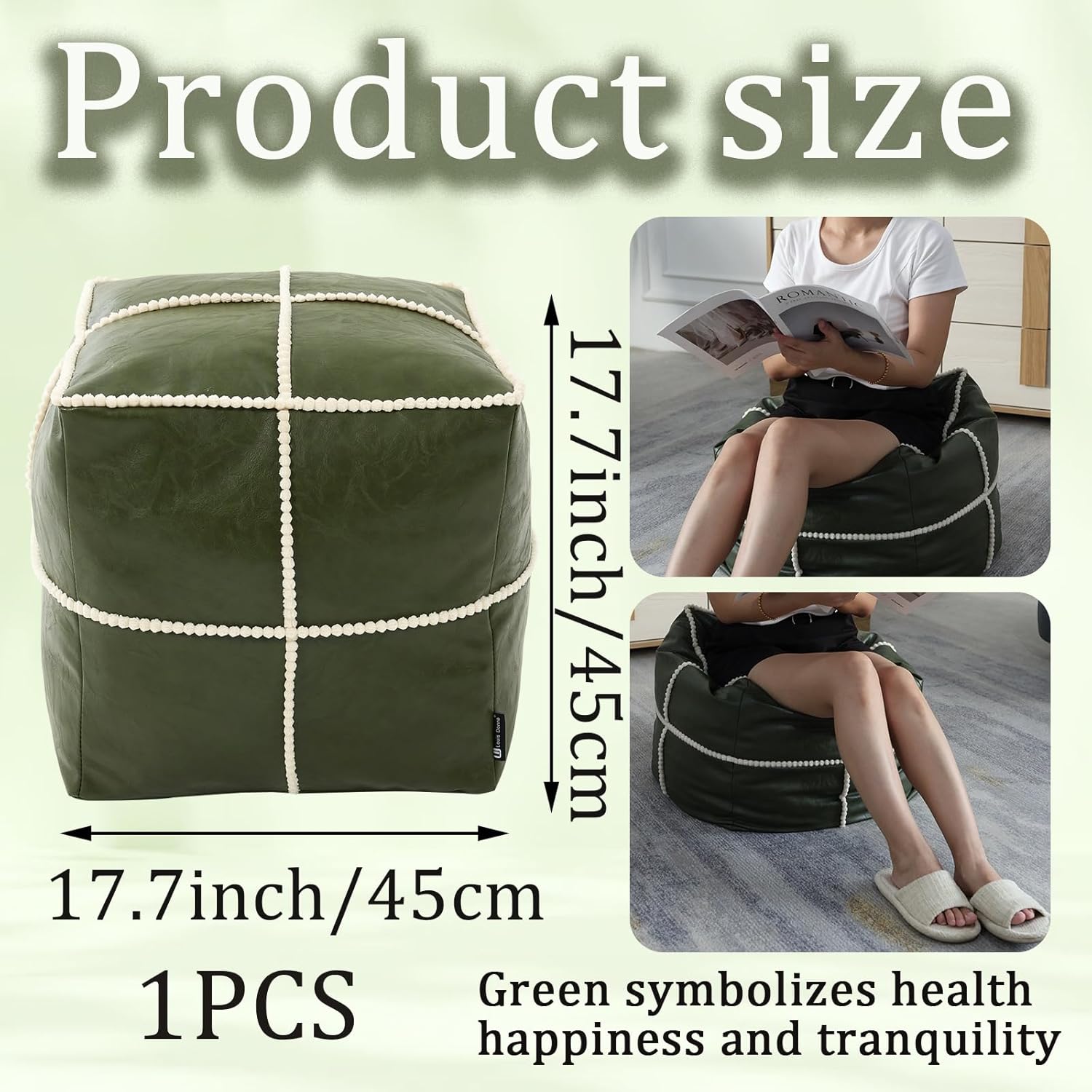 Louis Donné Square Unstuffed Pouf Ottoman Cover - Waterproof Faux Leather Footstool for Living Room, Moroccan Boho Poufs Foot Rest with Storage, Easy Clean, 18 Inch, Green（Only Cover No Filler