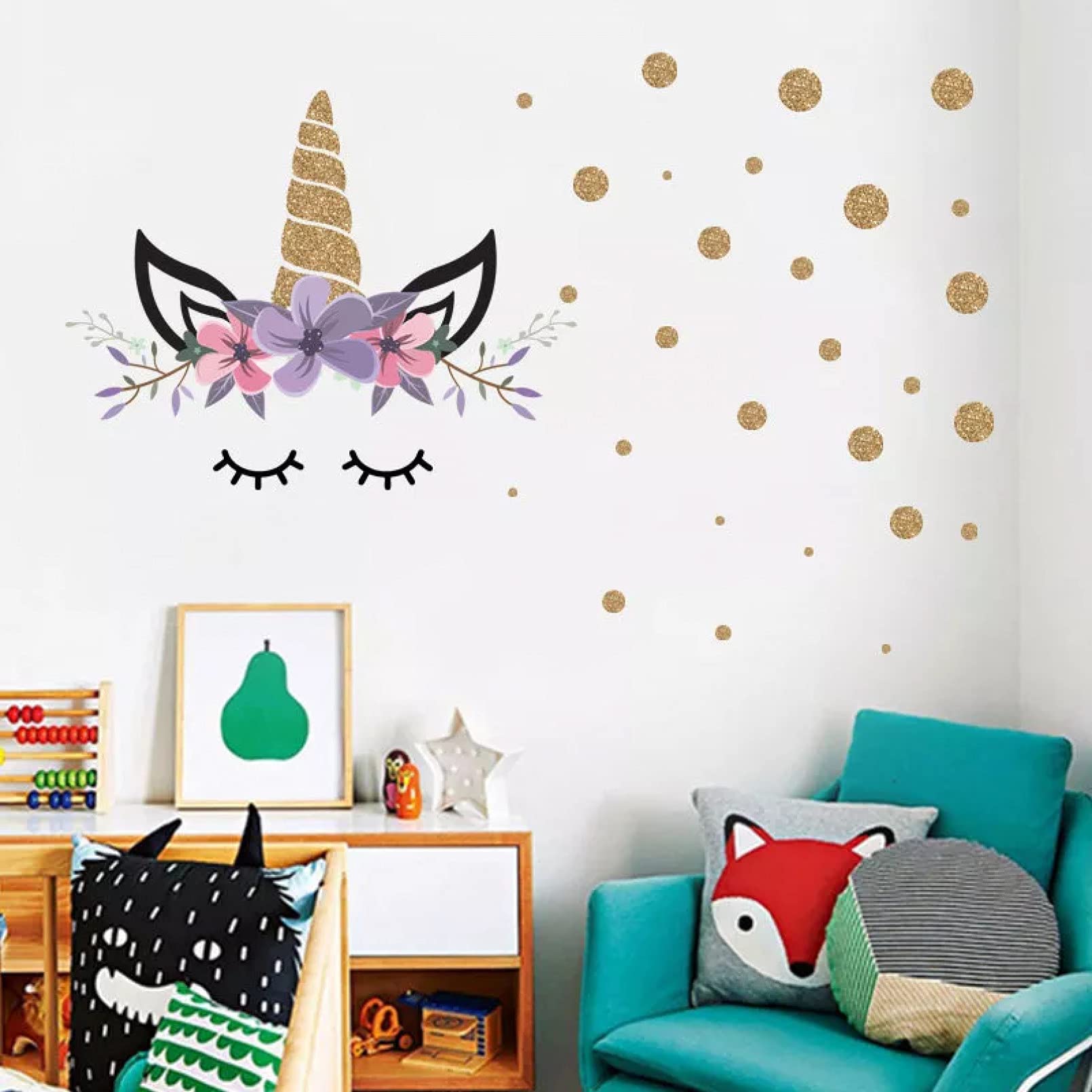 Autocollant mural 3D pour chambre d'enfant ou chambre de bébé Motif cercles dorés et licorne