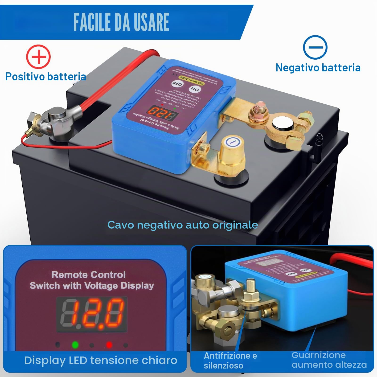 Interruttore di Separazione per Auto Senza Fili, 12 V 240 A Stacca Batteria con Display a LED di Tensione, 12v Auto Staccabatteria Automatico per Auto ATV Barca Camion RV