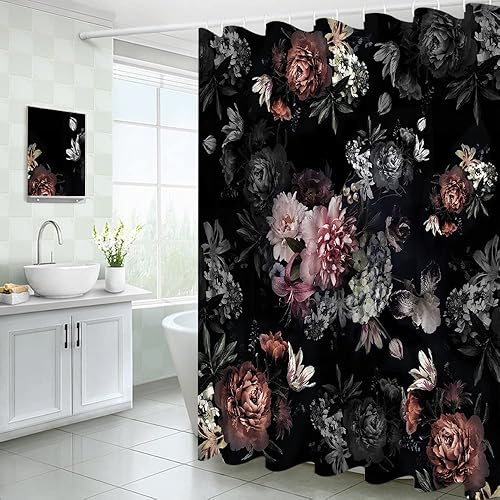 Cortina de ducha bohemia con diseño floral, diseño retro, acuarela, rosa, peonía rústica, hojas vintage, moderna, estética, planta de primavera,