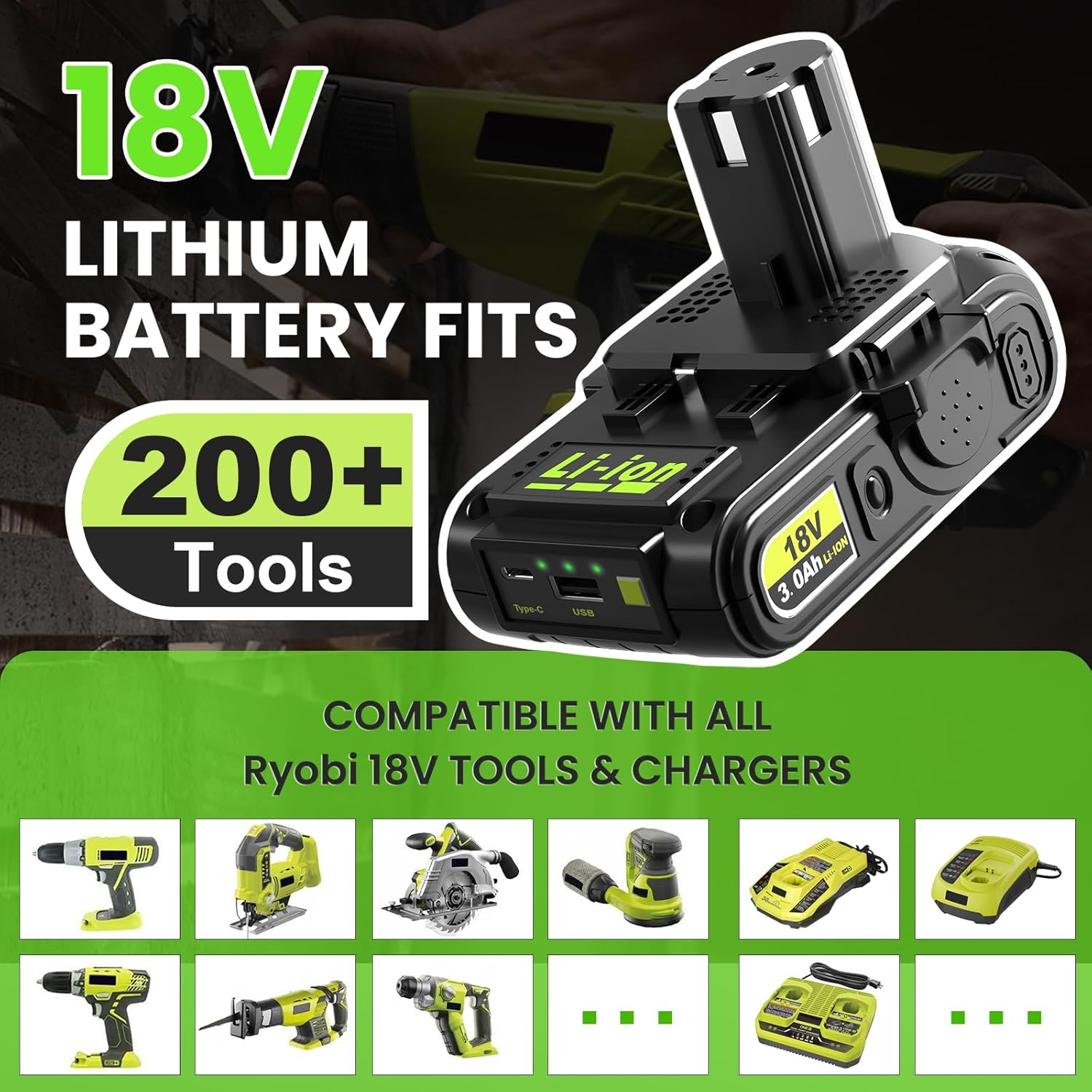 Abeden 18V 3.0Ah Replacement for Ryobi Battery with USB, Compatible with Ryobi 18V Battery P102 P103 P104 P105 P107 P108 P109 Series Cordless Power Tools and Charger - Image 6