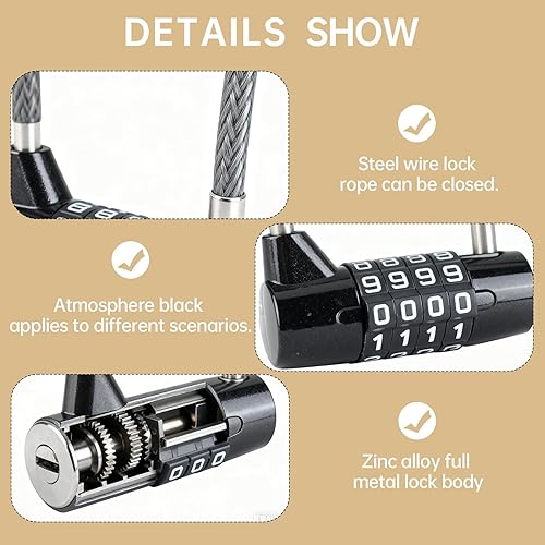 Miniatura 3 de Cerraduras de cable de 4 dígitos con combinación, bloqueo de cable de acero con código reajustable para muebles de patio, recortadoras de malezas,
