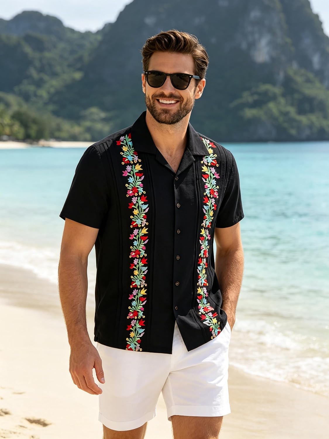 Mexican Shirts for Men, Guayabera Embroidered Short Sleeve Button Down Shirt