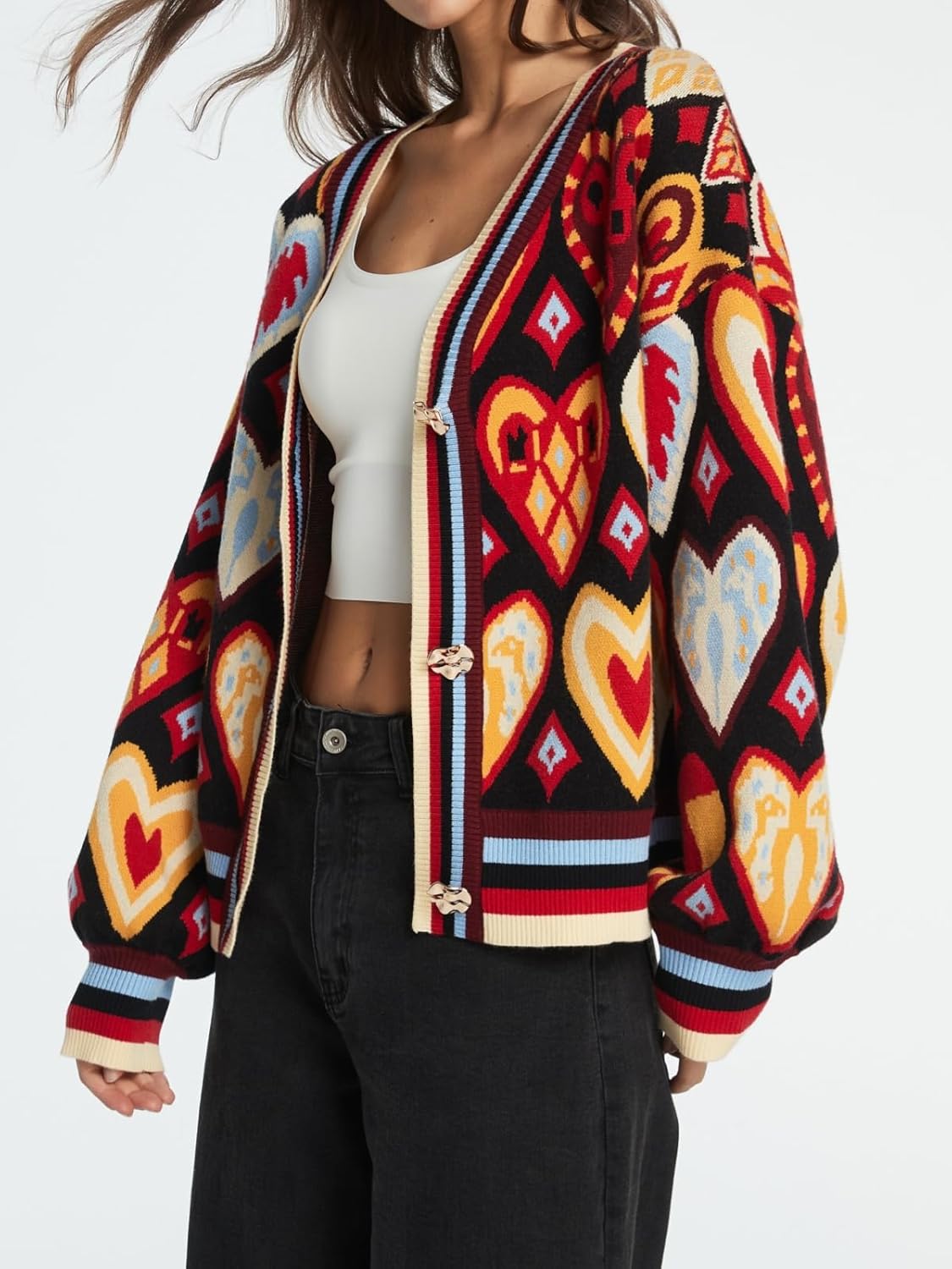 Women's Cute Sweater Cardigan Heart Print Cropped Button Open Front Cardigans V Neck Knitted Y2K Outerwear - Image 4