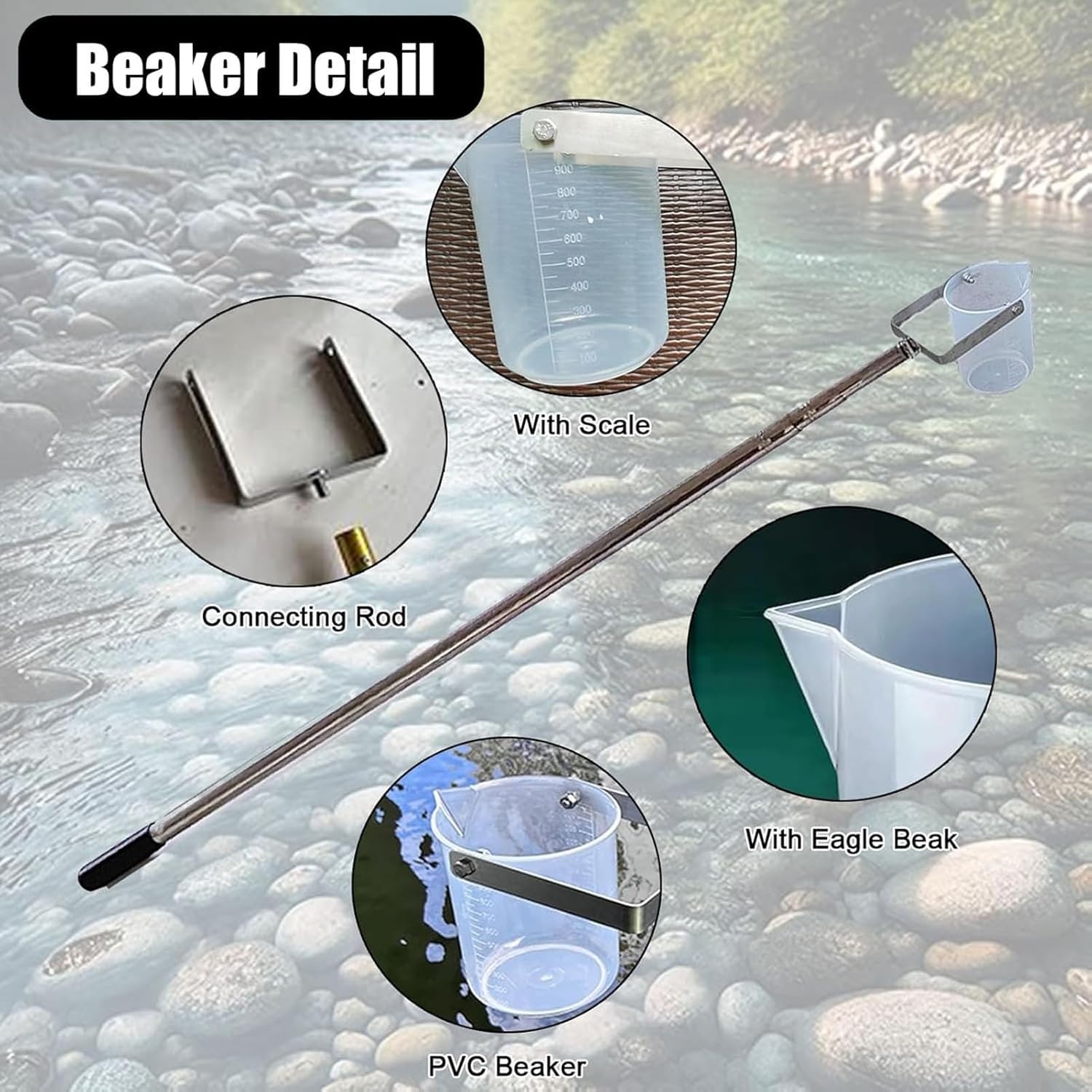 Tige de prélèvement en Acier Inoxydable Échantillonneur d'eau télescopique en Acier Inoxydable, bécher Portable de 500 ml/1000 ML(500ml,0.61-1.5m/2-4.9ft)