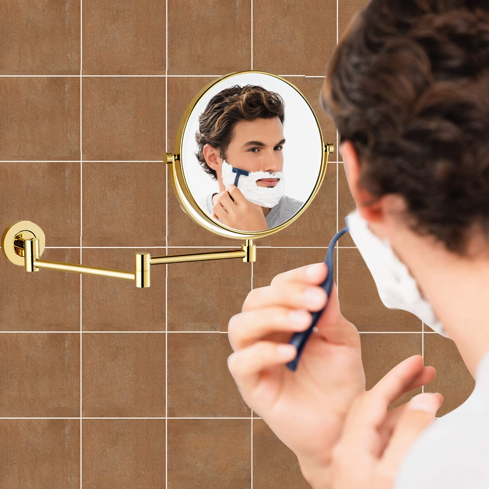 Espejo Maquillaje, 360 Rotación Espejo Aumento Pared Espejo Extensible Baño Espejo Cosmetico Doble Cara Espejo Ducha 8 Pulgadas Espejo de Afeitar Redondo, Fácil de Instalar