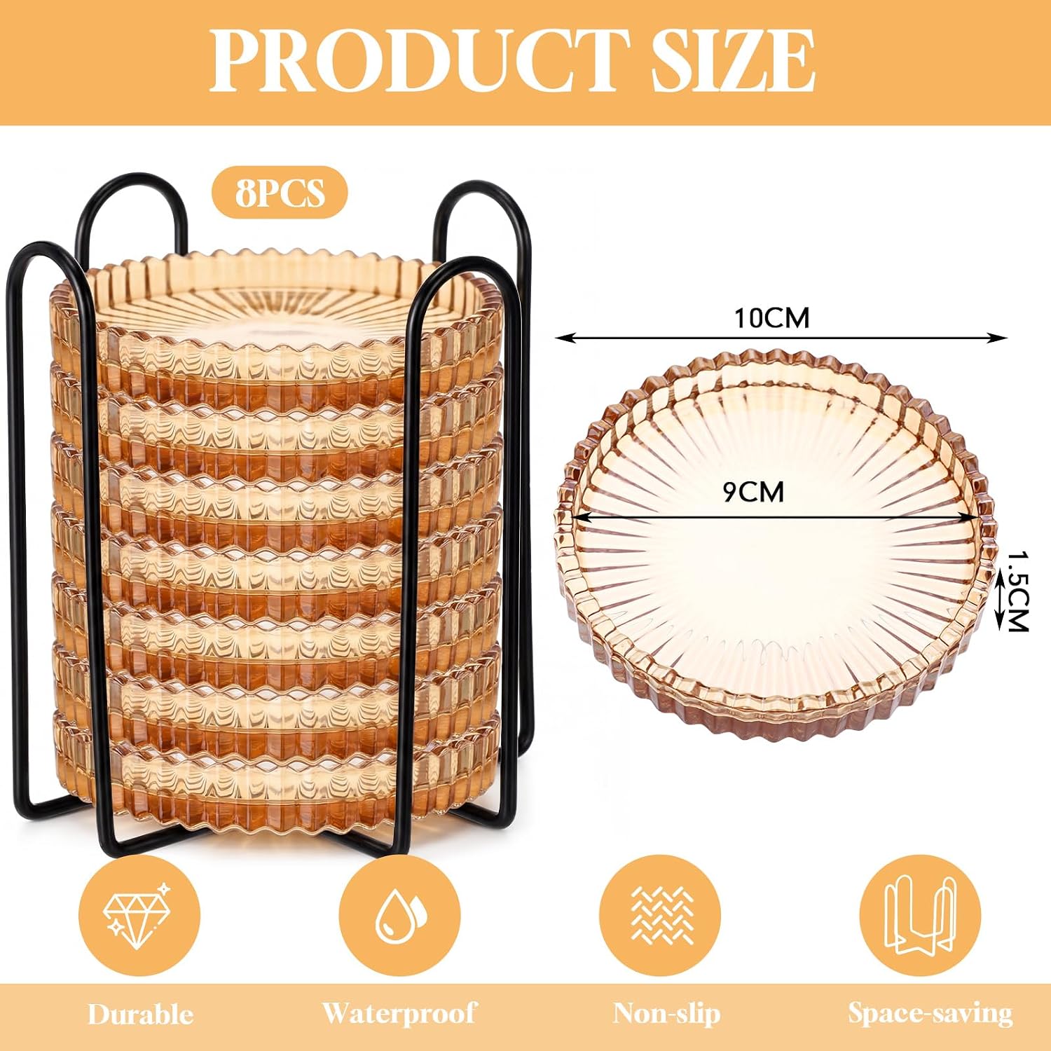 Remerry 8 Pcs Glass Coasters with Holder Clear Drink Coasters Crystal Round Beverage Cup Mats Candle Holder Tray for Coffee Table Home Kitchen Table Protection Serving Accessories (Amber)