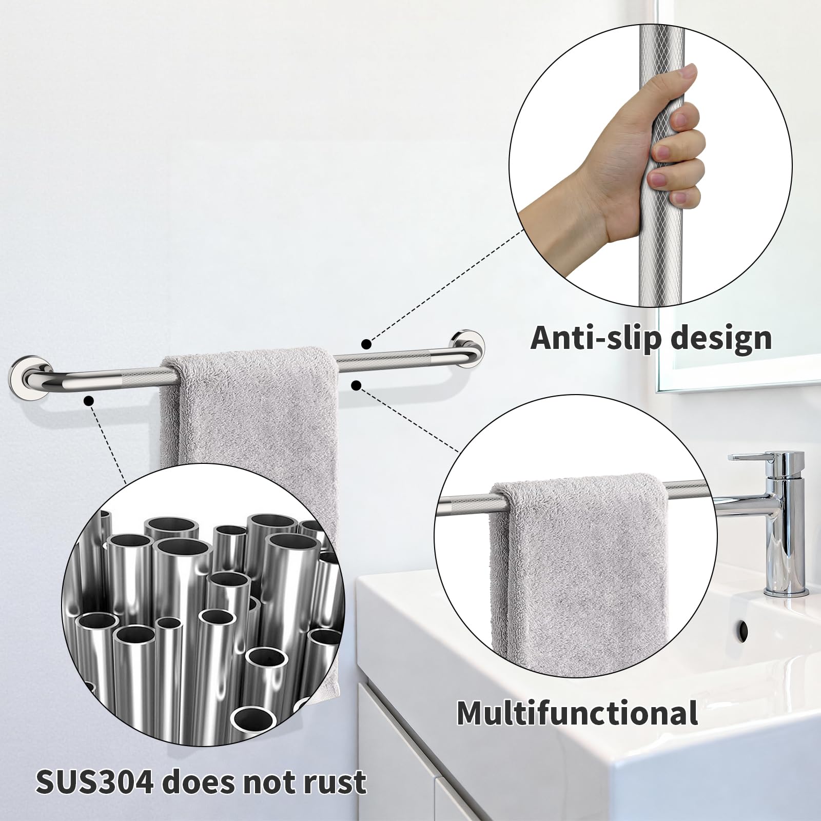 Munzong - Barra de agarre antideslizante para ducha, barra de agarre para duchas, barra de equilibrio moleteada de níquel cepillado para discapacitados, soporte de barandilla de seguridad para
