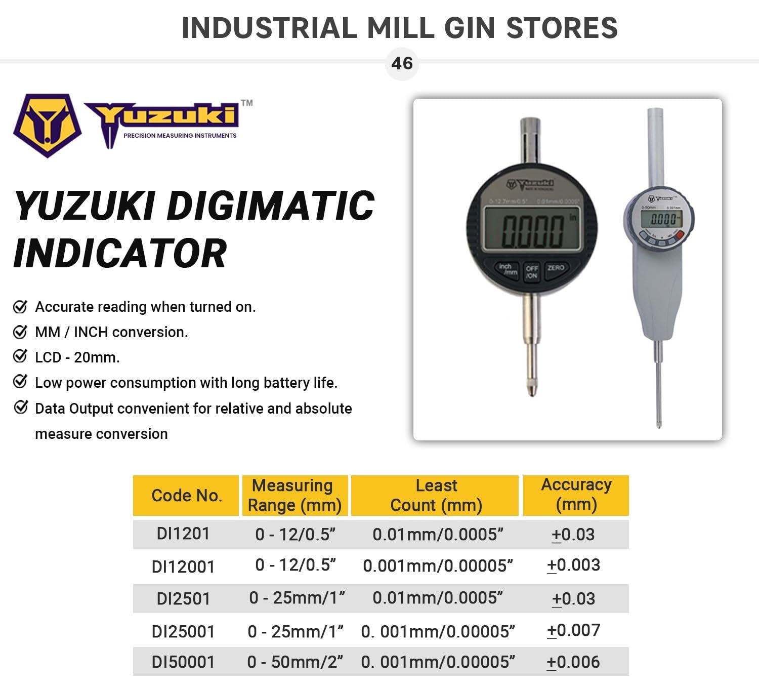 YUZUKI DI1201 Digital Digimatic Indicator – 0.01mm Precision, 12.7mm Measuring Range, High-Accuracy Tool for Precision Measurement - Image 2 thumbnail