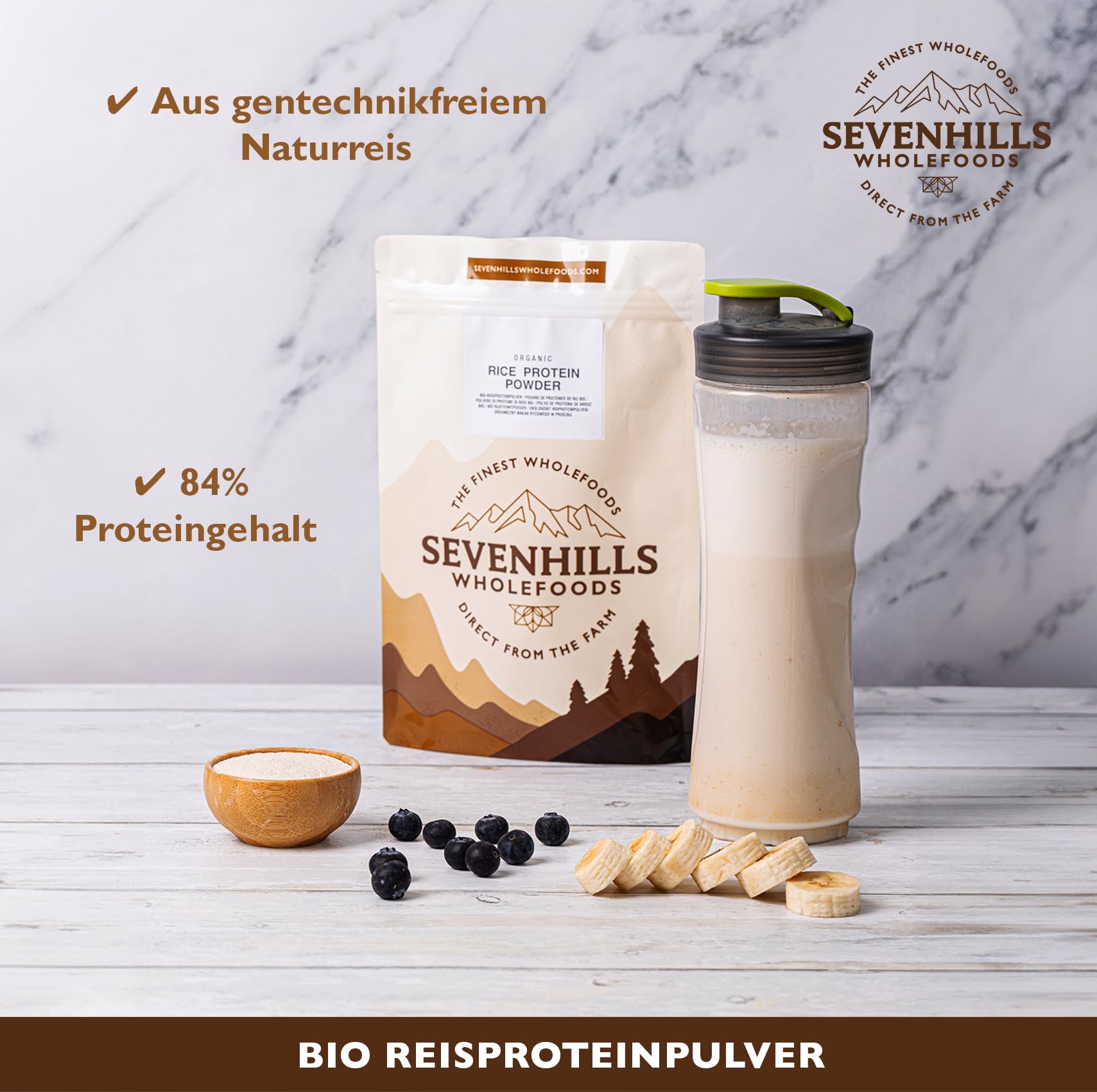 Sevenhills Wholefoods Bio Reisprotein Pulver 1kg - aus braunem Reis – 84% Proteingehalt, vegan, ungesüßt, milchfrei, glutenfrei, ohne Zusatz- oder Konservierungsstoffe, gentechnikfrei