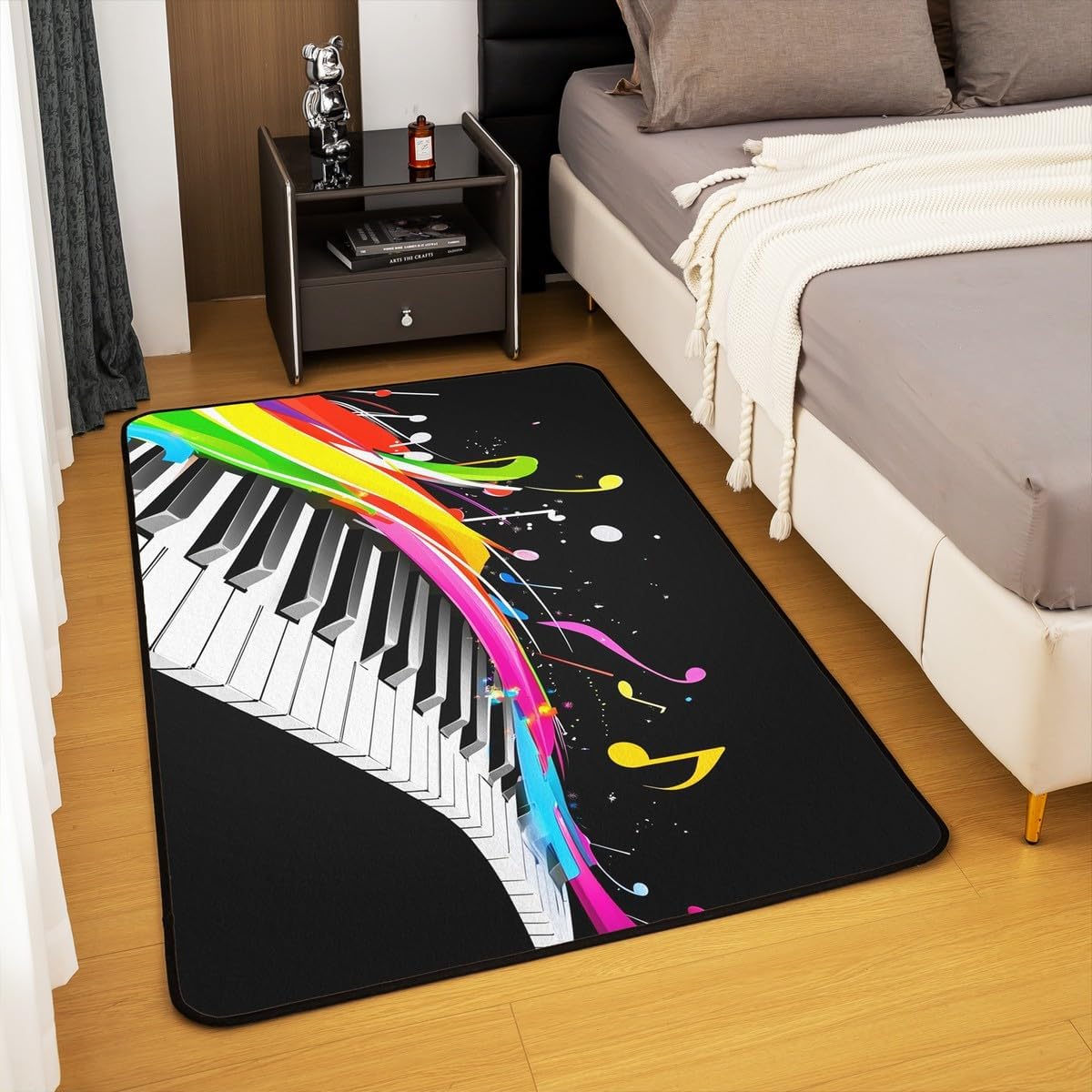 Castle Fairy Piano Keyboard Area Rug Colorful Musical Notes Stripes Graffiti Non Shedding Rug for Kids Teens Adults Musical Instrument Music Theme Non Slip Rug for Living Room 5'x6'6" image 4