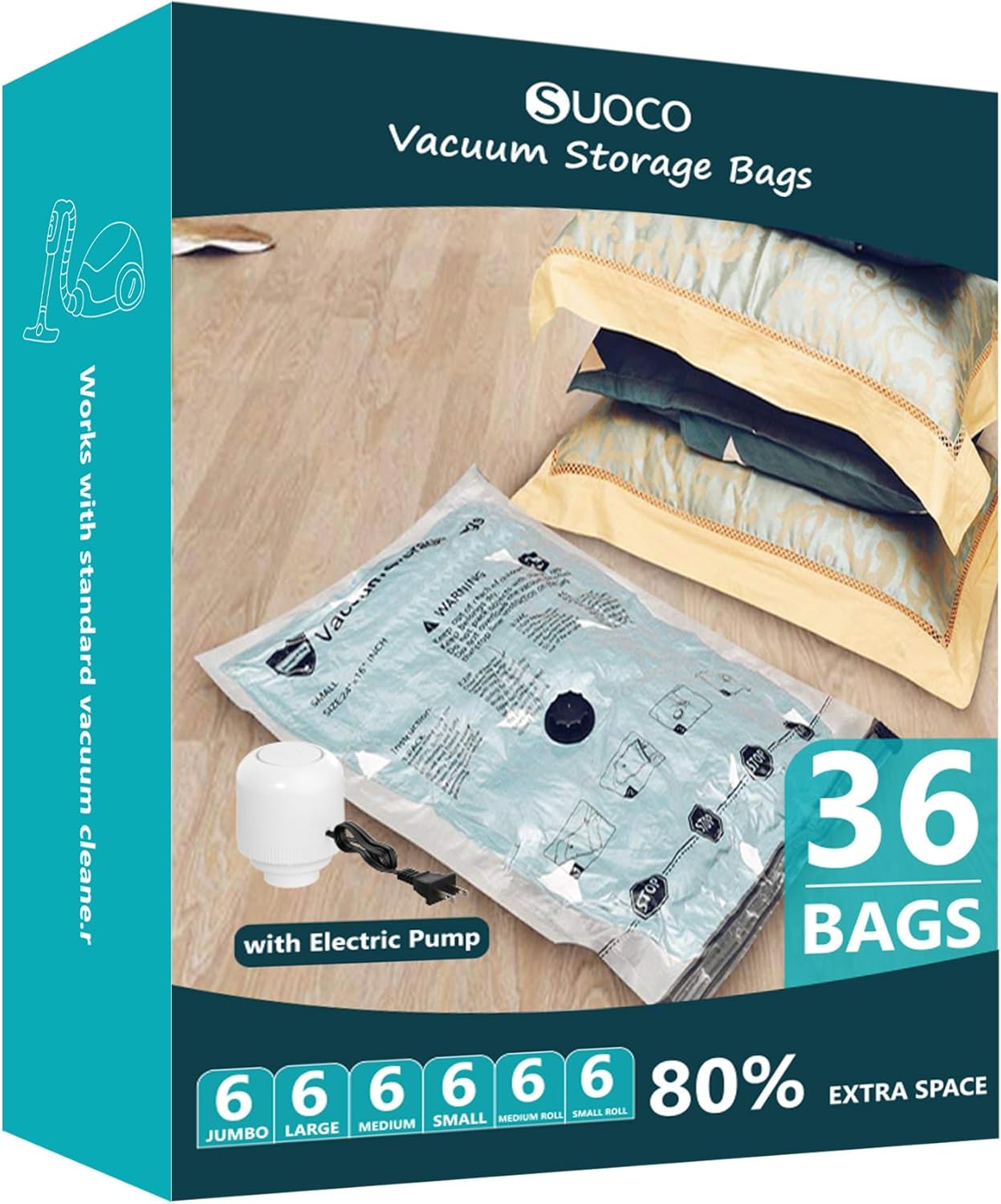 Vacuum Storage Bags with Electric Pump, Compression Packing Bags for Travel Luggage, Space Saver for Clothing Clothes Bedding Blankets Pillows, 36 Combo