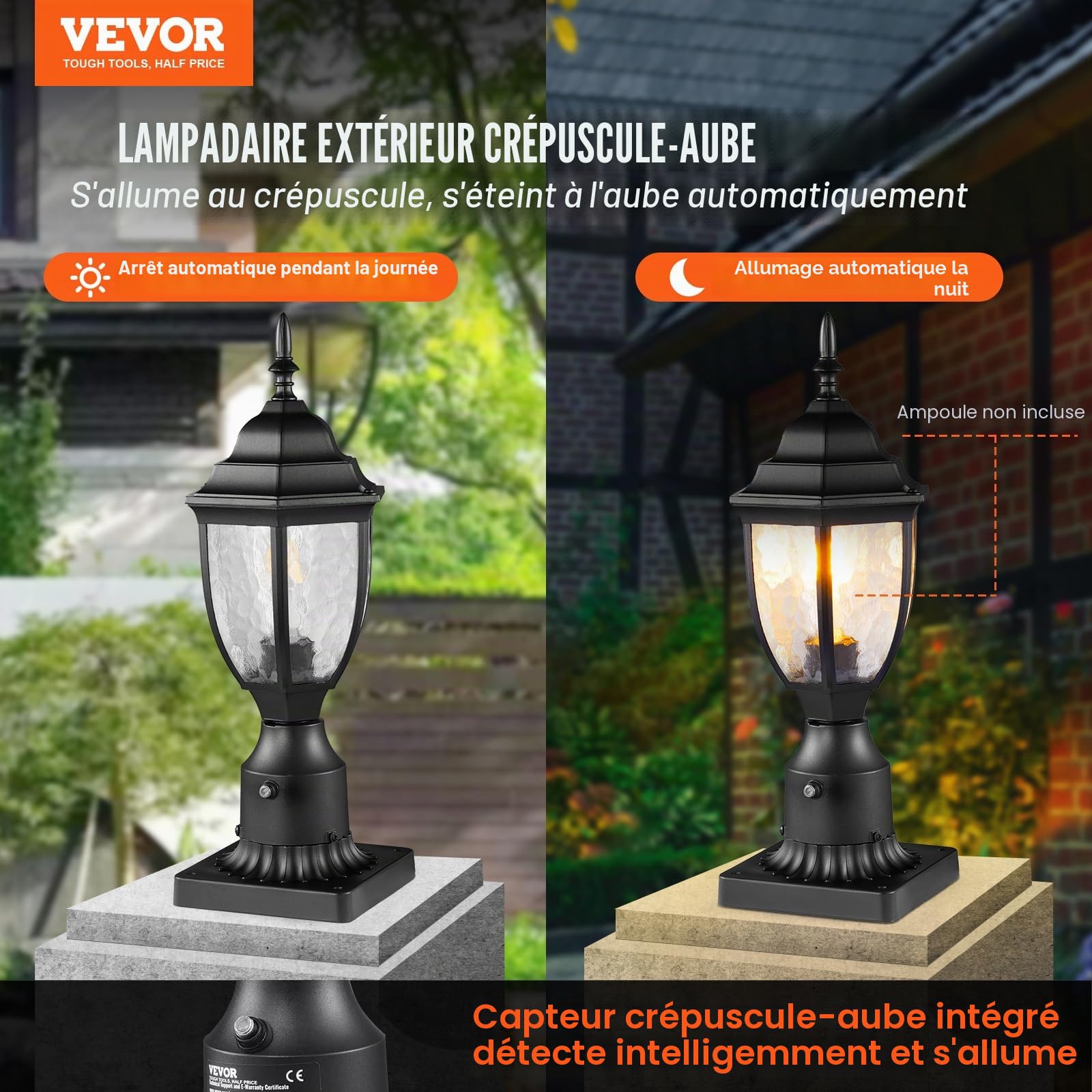 VEVOR Lampadaire extérieur, lot de 2, luminaires étanches 390 mm, avec base de montage sur pilier 9 cm, abat-jour verre, éclairage anti-foudre crépuscule à l'aube pour patio, jardin, allée, terrasse