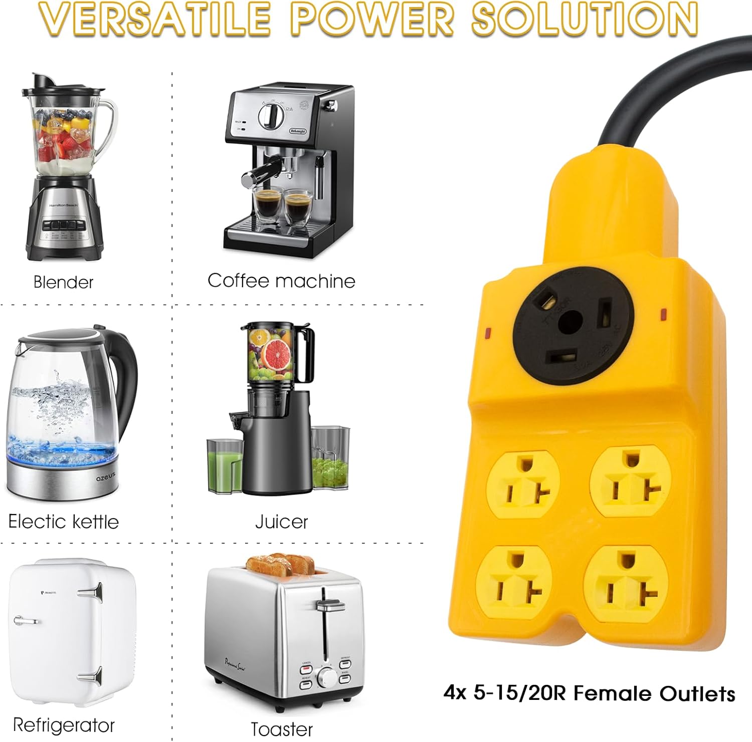 30 Amp to 20 Amp Adapter, RV 30 Amp to 110 Adapter NEMA TT-30P to TT-30R and 4X 5-20R / 5-15R Heavy Duty Power Distribution for Generators Campers Household Emergency Backup (Yellow)