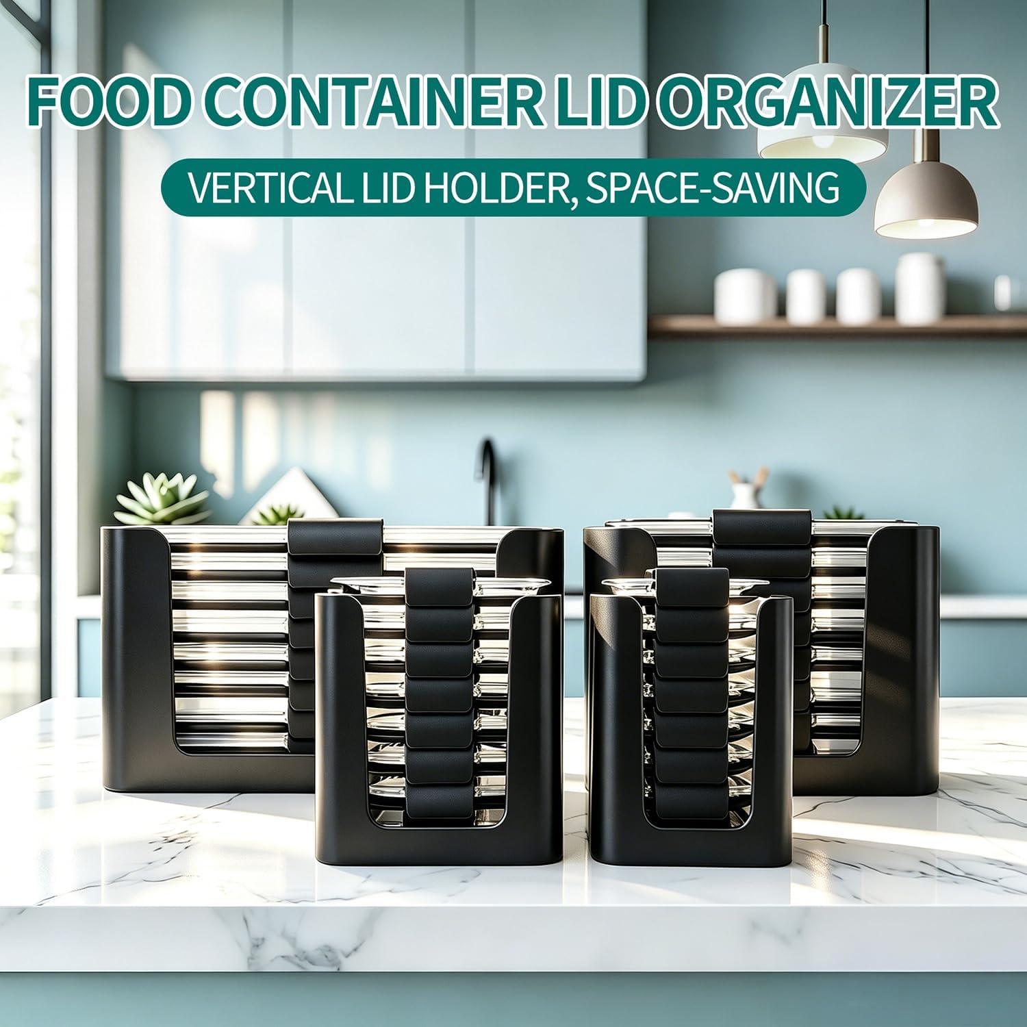 Food Storage Container Lids Organizer for Rubbermaid Brilliance Nap-On Lids,Stackable Food Storage Container Lid Organizer--Fits 0.5, 1.3, 3.2, 4.7 & 9.6 Cups--Holds 32 Lids(Black,4-Piece Bundle)