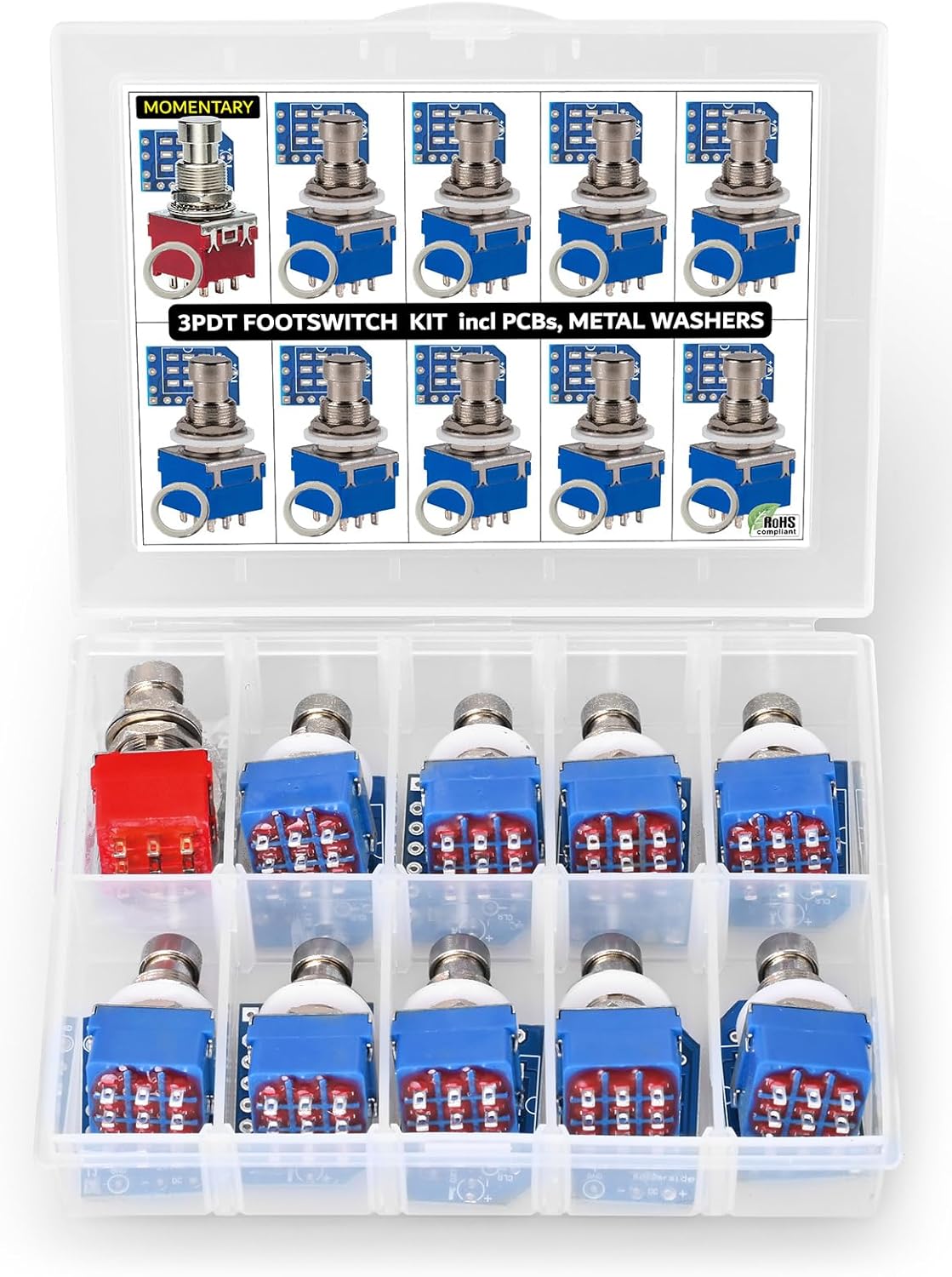 10 pcs 3pdt Stomp Footswitch incl PCB incl metal washer, for Guitar Pedal True Bypass foot switch 9 pin, latching and momentary