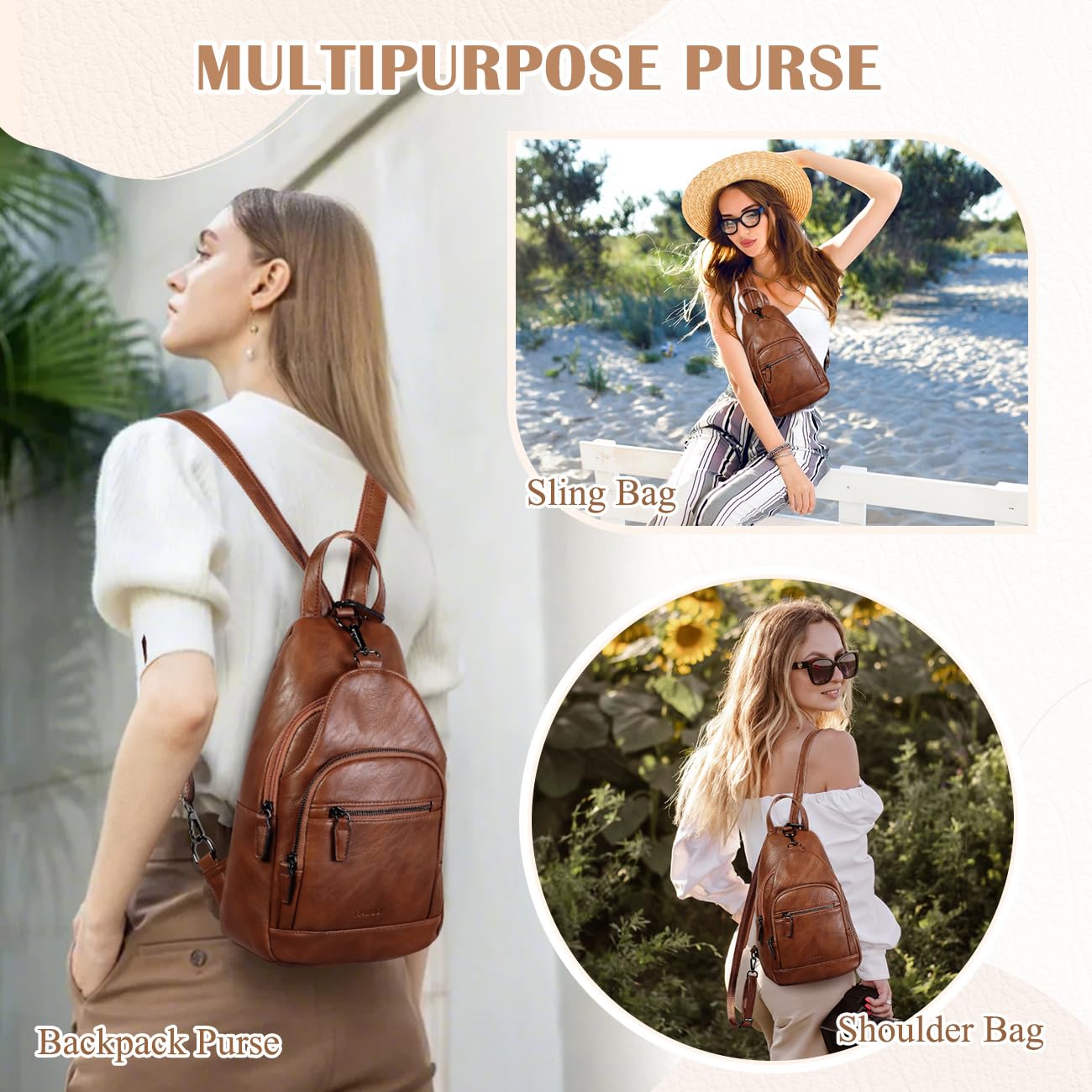 RAVUO Mochila Mujer Pequeña Casual Bolso Mochila Bandolera de Cuero PU Moda Bolsos Pecho de Piel Mini Crossbody Sling Bag para Viaje Trabajo,Marrón