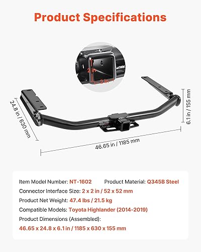 Vista 19 de VEVOR Enganche de remolque clase 3, receptor de 2 pulgadas, compatible con Jeep Grand Cherokee 2011-2021, marco de tubo de acero Q345B, enganche