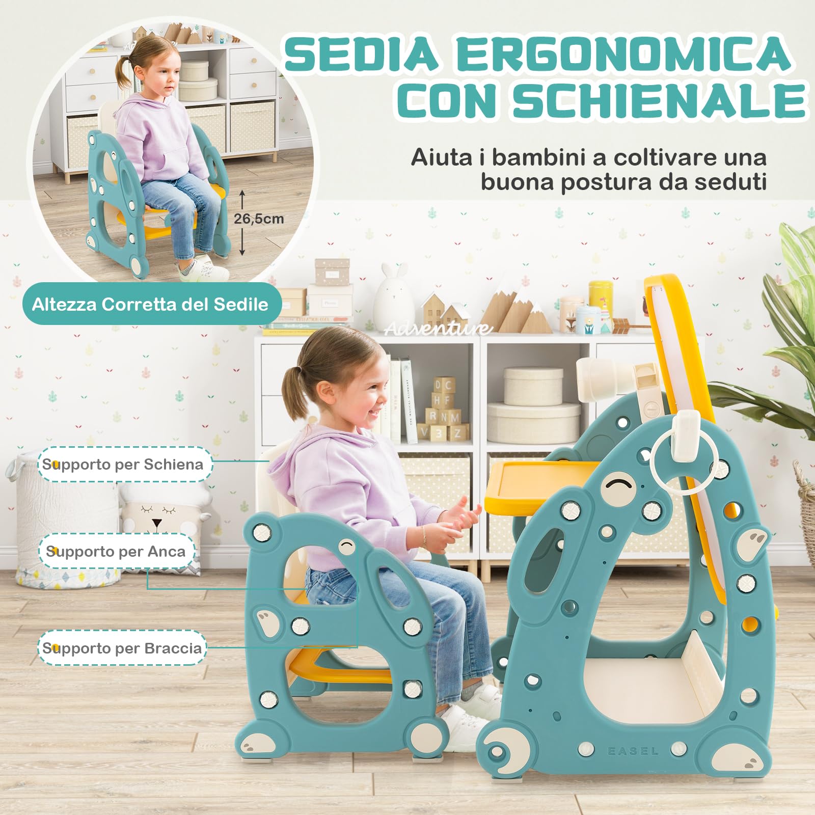 GYMAX Tavolozza Artistica 4 in 1 per Bambini con Sedia, Set Tavolo e Sedia per Disegno per Bambini con Lavagna Magnetica Regolabile, Lavagna Cancellabile e Pennarelli, per Bambini da 1 a 8 Anni