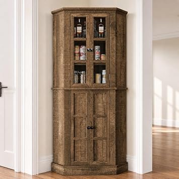 Betterhood Corner Storage Cabinet, 67" Tall Corner Cabinet with Doors Farmhouse Corner Storage Cabinet with Glass Doors and Adjustable Shelves for Kitchen, Dining Room, Living Room, Rustic Brown