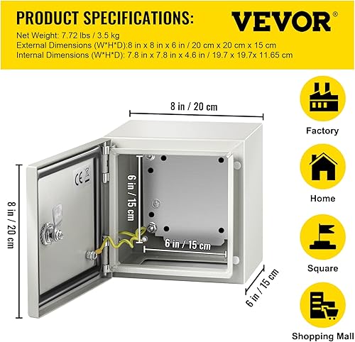 Vista 7 de VEVOR NEMA Caja de acero NEMA, 8 x 8 x 6 pulgadas NEMA 4X Caja eléctrica de acero, IP66 impermeable y a prueba de polvo, caja de conexiones