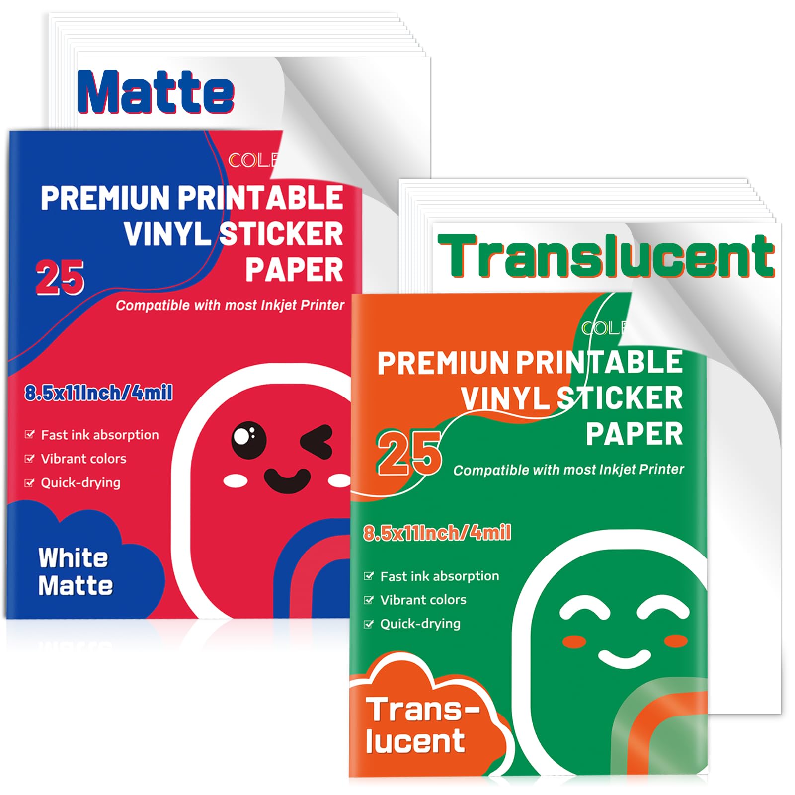 Sticker Paper Printable Vinyl 25 Matte and 25 Translucent Adhesive Sheets for Inkjet Printer White Decals Waterproof Quick Drying Tear Resistance Labels Letter Size 8.5x11in for Craft,Scrapbook