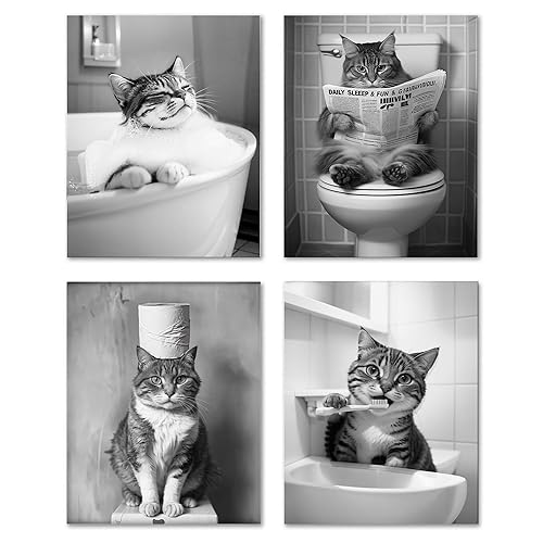 DEQSX Funny Bathing Newspaper Toothbrush Cat Bathroom Wall Art Prints