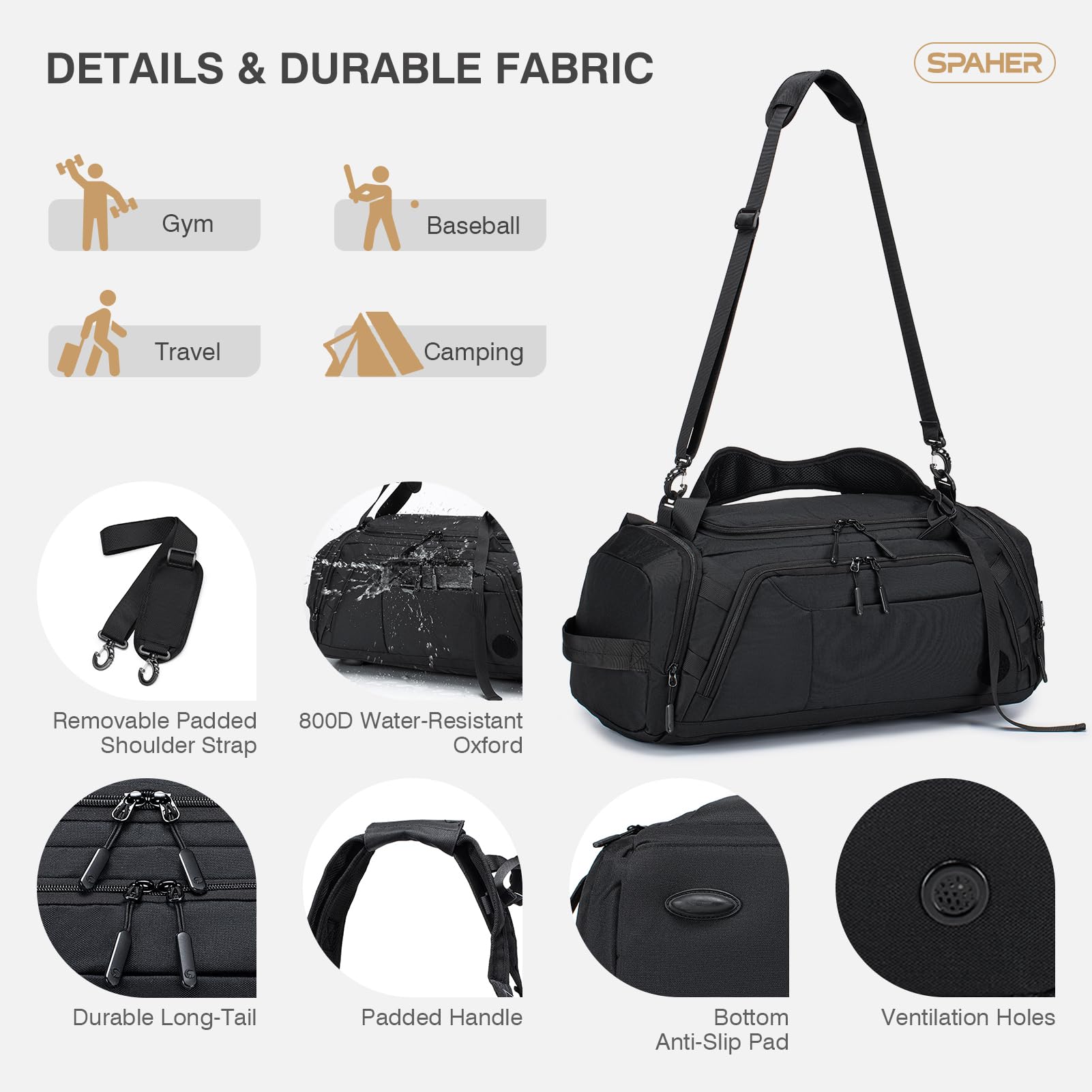 SPAHER 3 en 1 Sac de Sport Voyage avec Compartiments Chaussures et Humide
