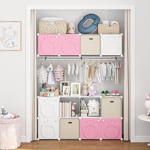 Miniatura 7 de MAGINELS Armario para niños, armario de bebé para dormitorio de niños, armario de guardería, ropa colgante con puertas, rosa, 8 cubos
