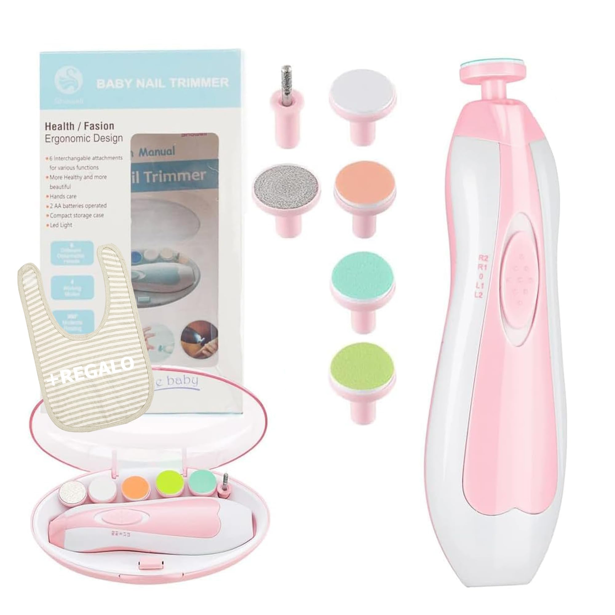 Lima de Uñas para Bebés, Cortauñas Eléctrica Niños Juego Manicura Dedos y Pies, 6 en 1 Cortador con Luz LED Mudo Operación, Cuidado del Bebé Recién Nacido + Babero Regalo (Rosa)