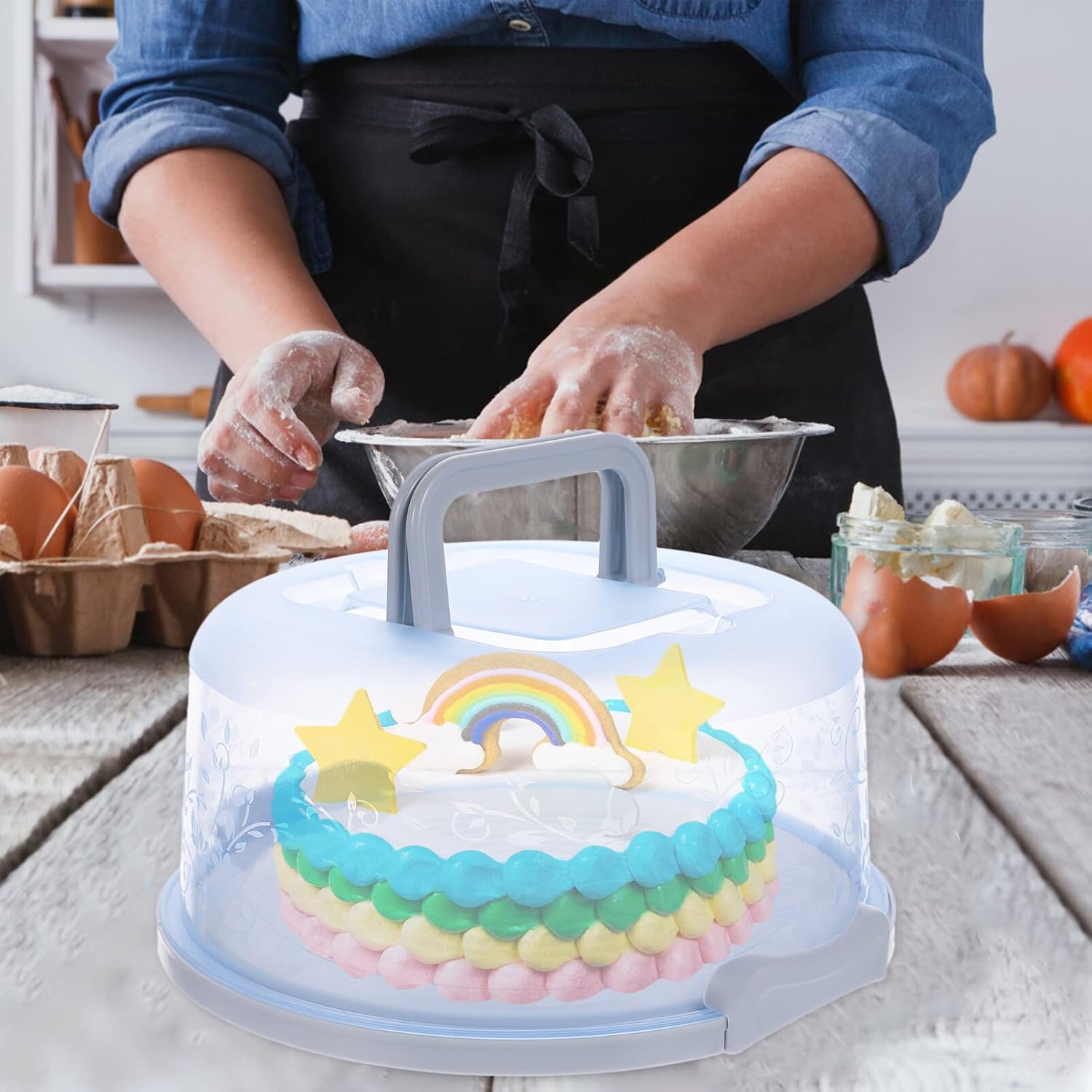 Cabilock Round Cake Carrier with Handle Dome Lids Dessert Carrier Handy Cupcake Holder Tray Clear Plastic Cake Pie Container Serving Tray Blue
