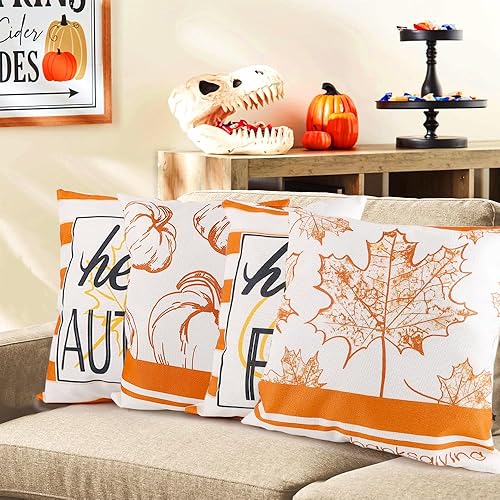 Miniatura 7 de YUJUN Paquete de 4 fundas de almohada decorativas de otoño, 18 x 18 pulgadas, diseño de búfalo, calabaza, hojas de arce, Acción de Gracias, otoño,