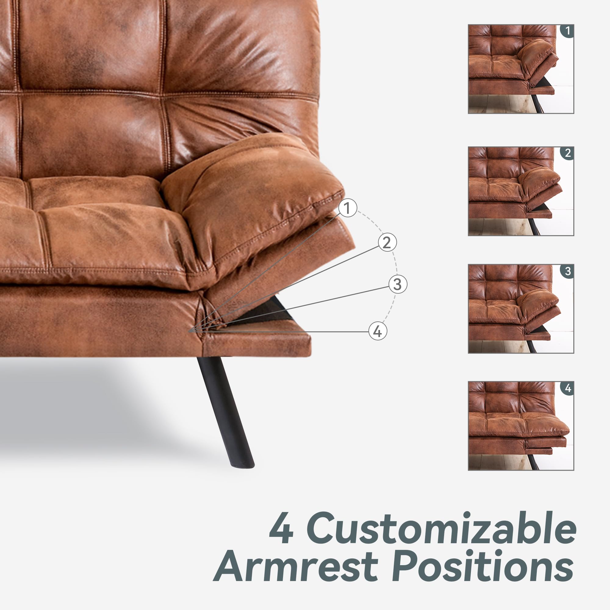 Futon Sofa Bed Convertible Couch, Brown Faux Leather Sofa Bed with Memory Foam, Adjustable Backrest & Armrests, Multifunctional Small Loveseat Sleeper Sofa for Living Room, Apartment, Office