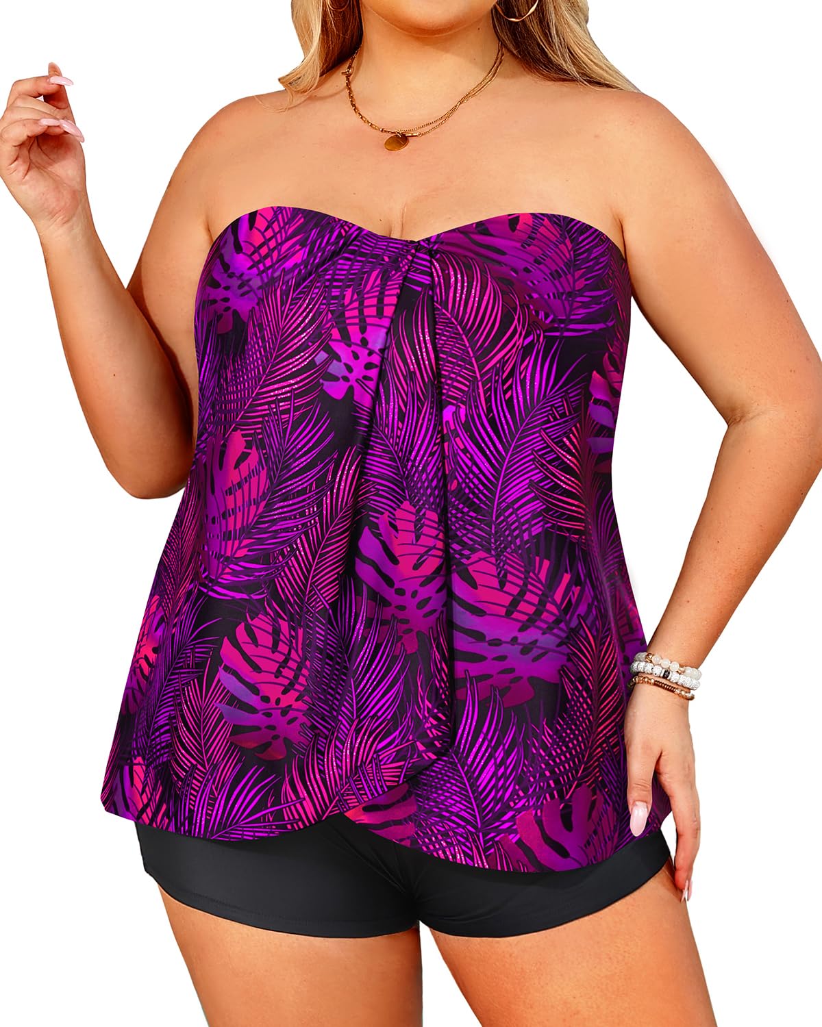 Plus Size Bandeau Tankini 2 Piece Halter Swimsuit with Shorts