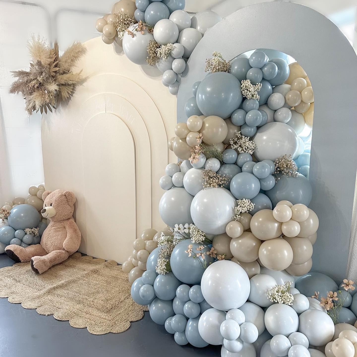Dusty Blue White Sand Balloon Arch Garland Kit 141pcs Slate Fog Baby Blue Sand White Beige Cream Balloons for Boy Girl Birthday Bear Theme Baby Shower