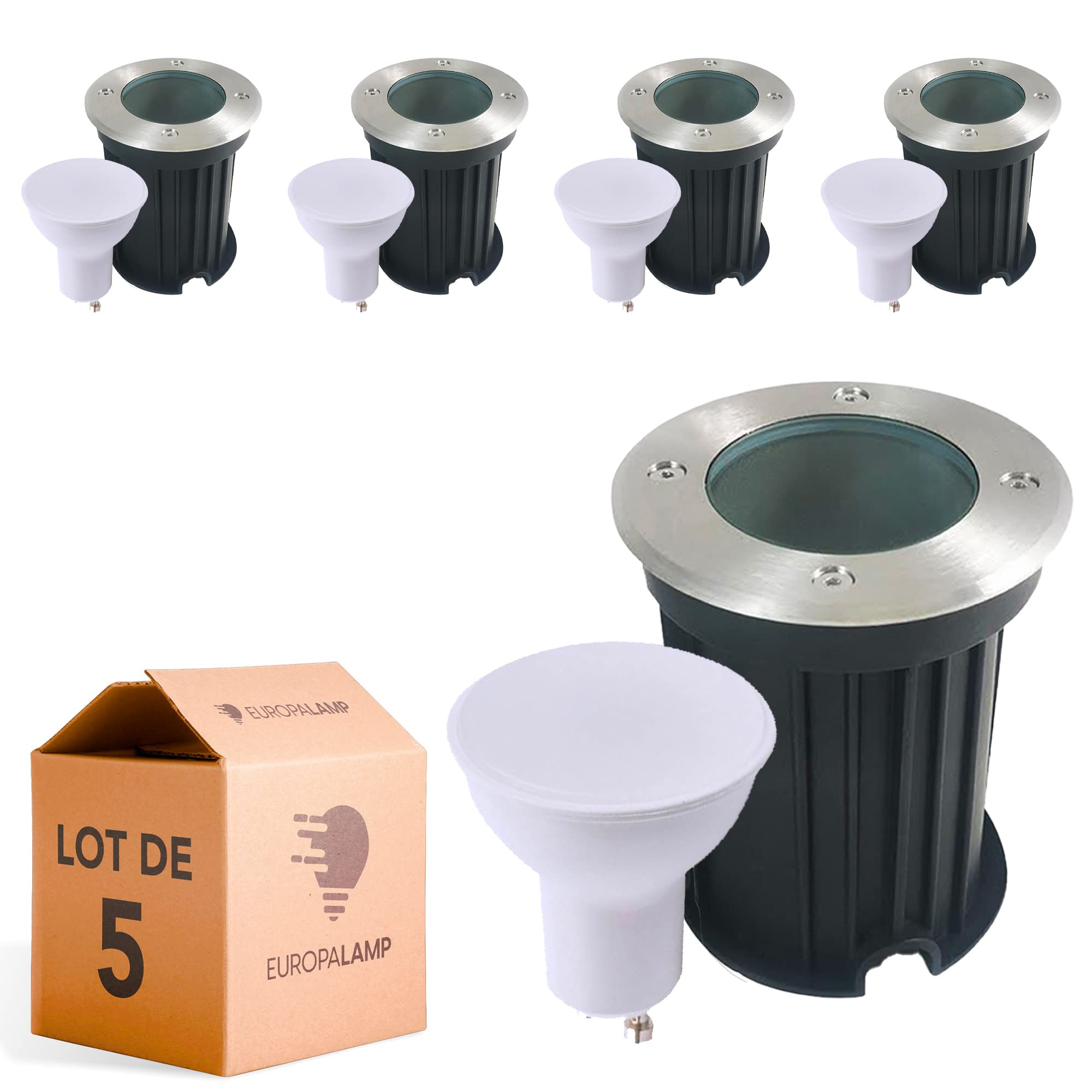 Europalamp - Lote de 5 focos empotrables de suelo redondo de acero inoxidable 316 exterior IP65 + bombilla GU10 5W Blanco Neutro 4500K