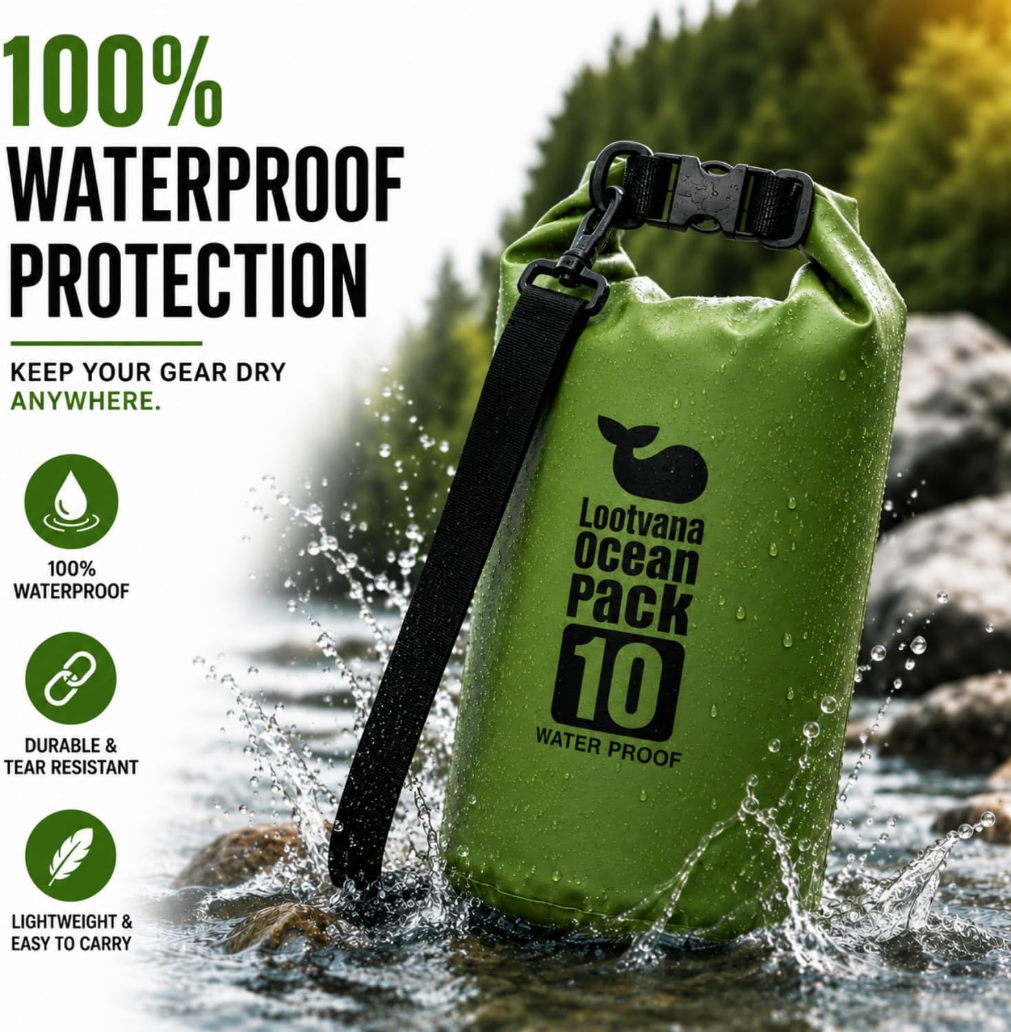 Waterproof Dry Bag, 10L Floating Roll Top Dry Sack Backpack for Kayaking, Boating, Paddle Boarding, Beach, Camping & Fishing, Includes Waterproof Phone Case