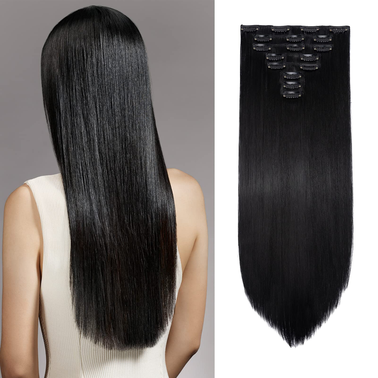 Cybelleza 60cm Extensiones de Clip de Pelo 8 Piezas Extensiones Pelo Natural Sintético Extensiones de Cabello Liso Largo, Negro