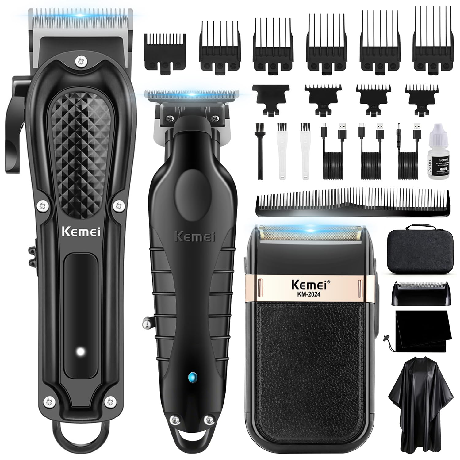 KEMEI Cortapelos profesional para hombres, inalámbrico completo de peluquería con cuchilla en T, recortadora de pelo y barba, kit completo de corte de pelo eléctrico con 9 guías, recargable por USB