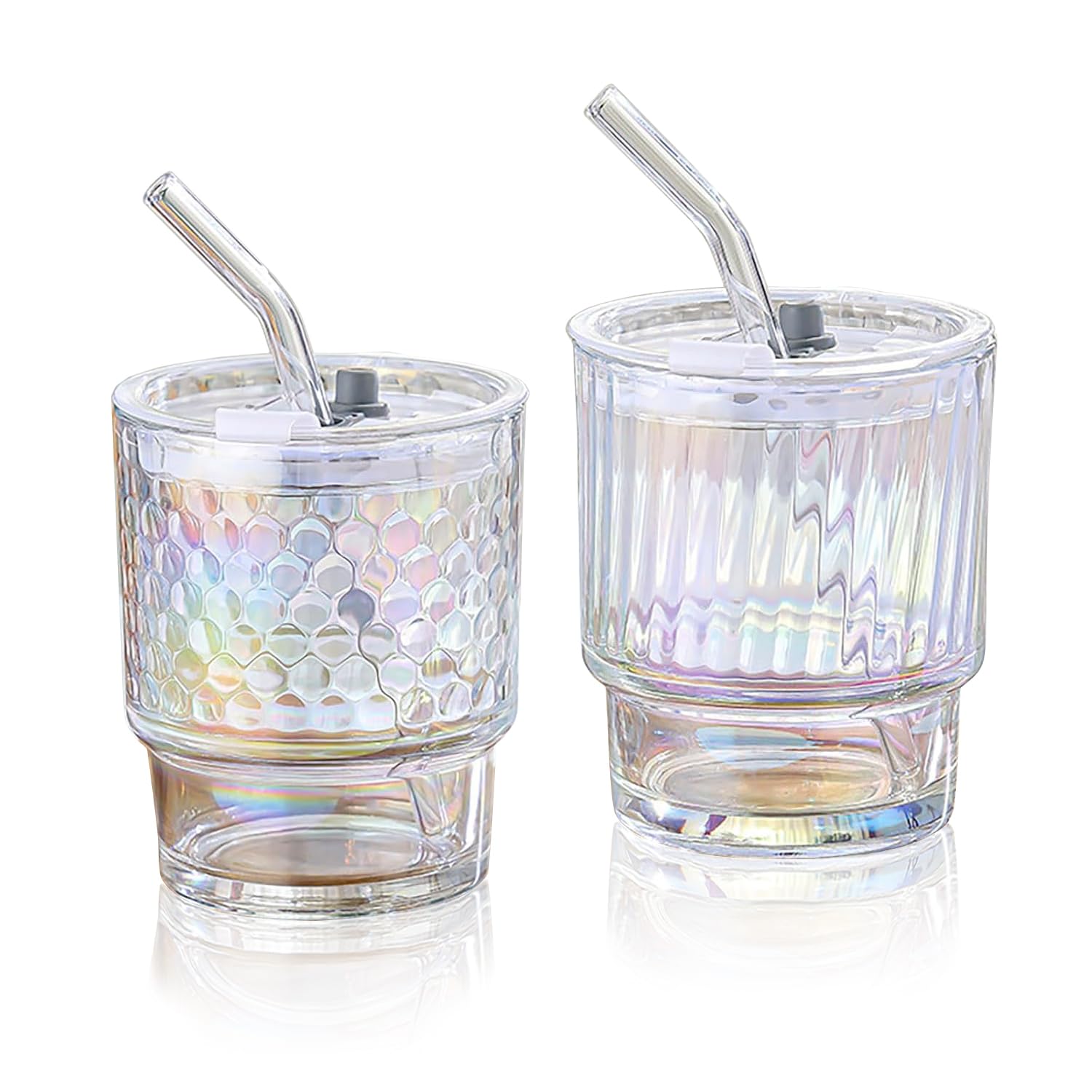 MHLEGO 2 Pcs Colorful Glass Cups with Lids and Straws, 13.5 oz Multi Iced Coffee Cups, Thick Wall Glass Tumbler, Cute Coffee Mugs, Drinking Glassware