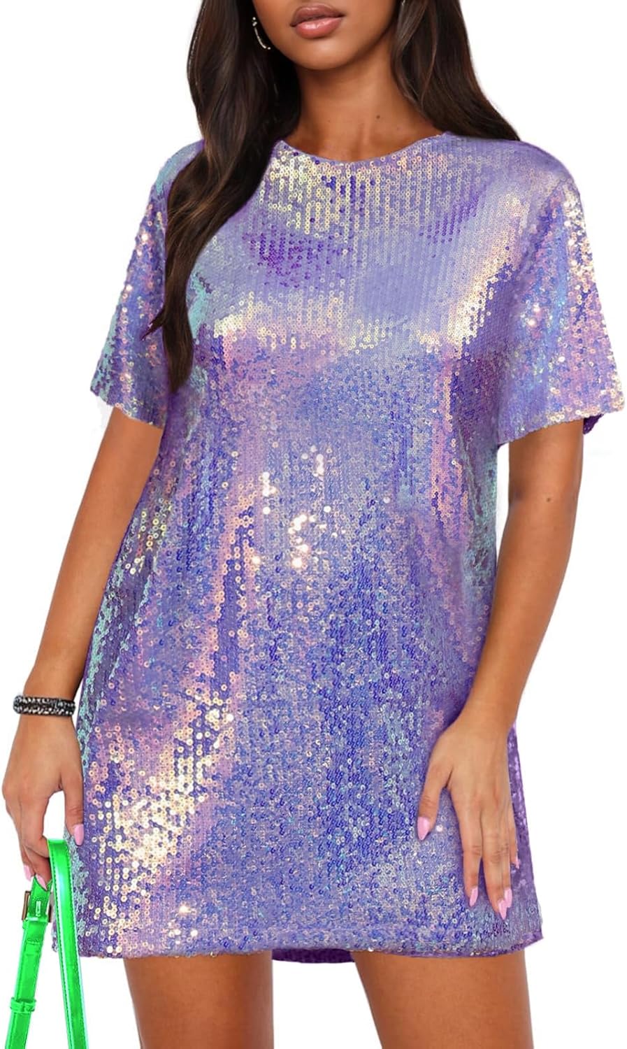 ENOPINK Women's Crew Neck Sequin Dress for Women Sexy V Neck Shirt Dresses Sparkly Shift Mini Dress