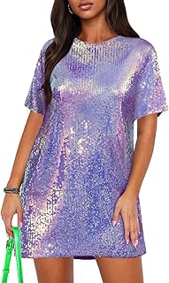 Women's Crew Neck Sequin Dress for Women Sexy V Neck Shirt Dresses Spark...