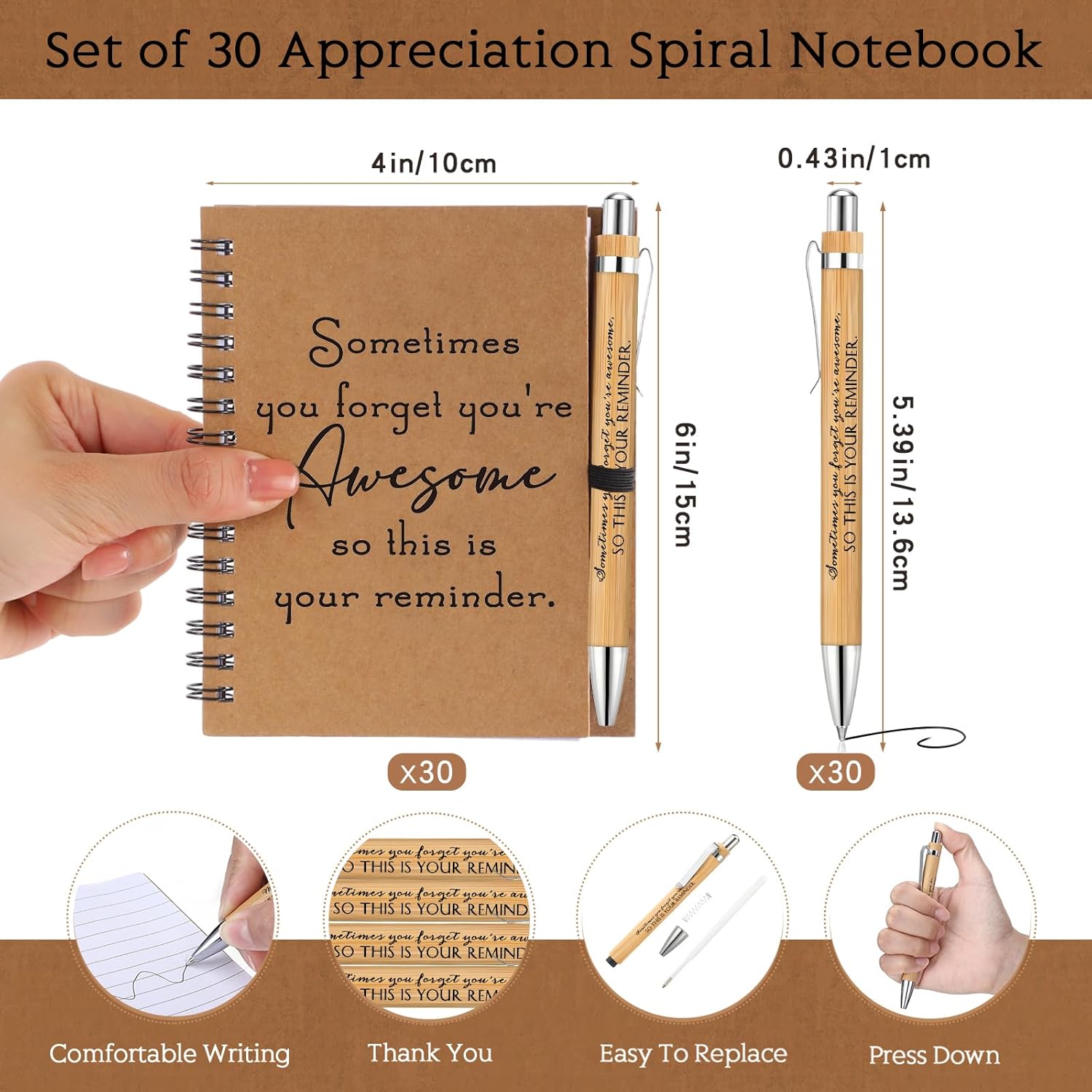 Honoson 30 Sets Spiral Notebooks Sets Employee Thank You Gifts Inspirational Journals with Retractable Bamboo Pens Bulk Encouragement Notepad for School Teacher, Awesome Sign - Image 2