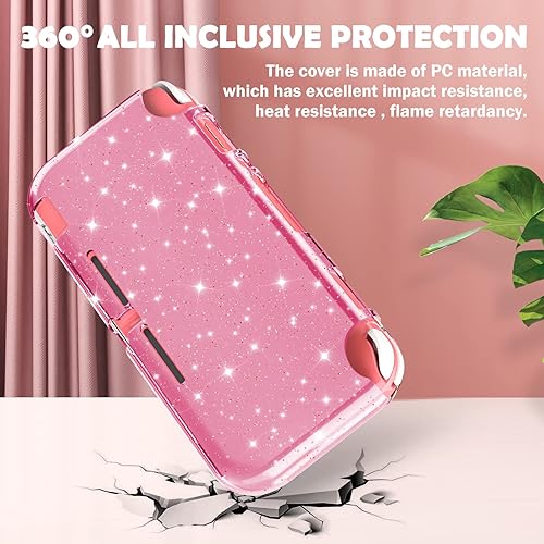 Miniatura 3 de DLseego Funda protectora con purpurina rosa para Switch Lite, cubierta de TPU suave de cristal transparente con absorción de golpes y diseño