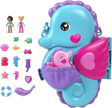 Polly Pocket 2-in-1 Daddy & Me Seahorse Compact | Wearable Purse Playsets, 2 Micro Dolls, 13 Accessories Including Sea Animals, Ocean Themed, HWP03