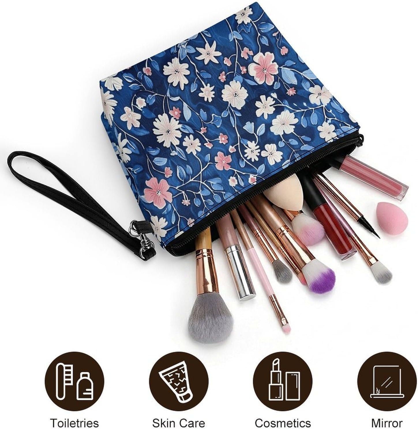 Blue Floral Print Travel Makeup Bag Large Capacity Toiletry Bag image 5