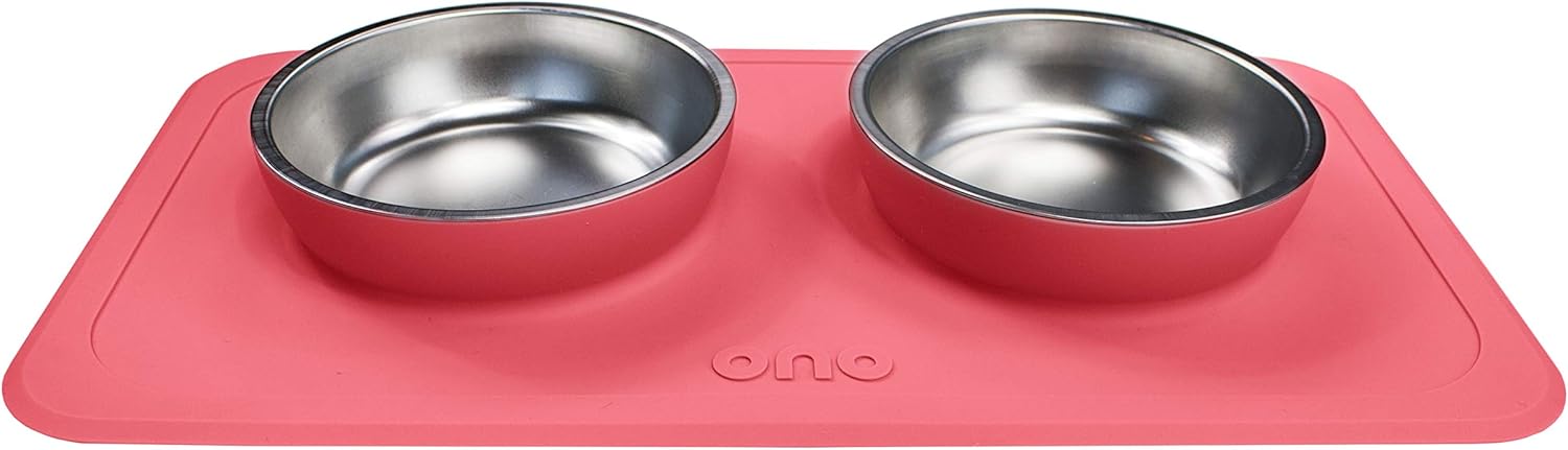Ono Good Bowl Food & Water Double Feeder - Small to Medium Pets No Spill Non Skid Silicone Mat & Stainless Steel Bowls for Dogs or Cats (Coral)