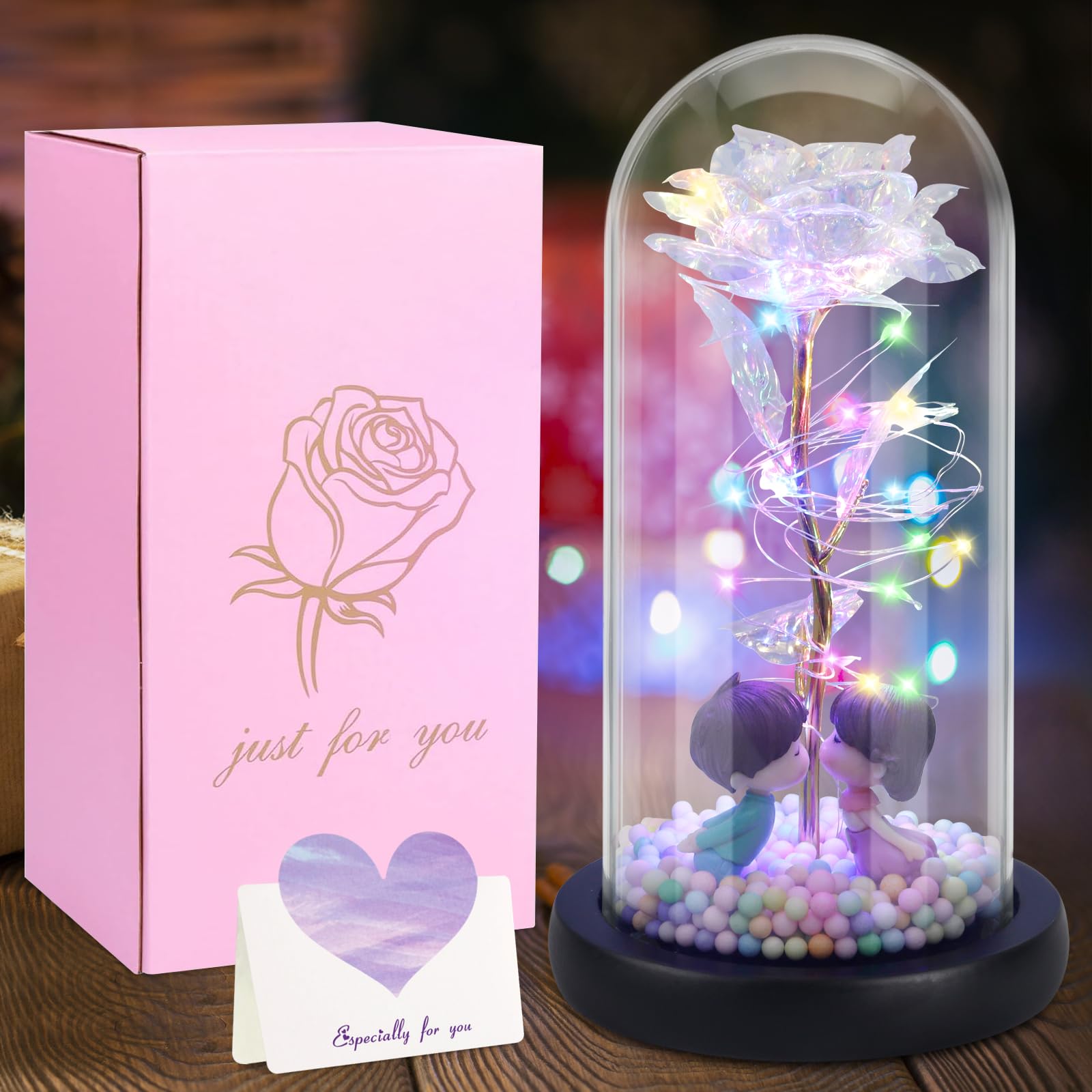 JAMATA Rosa Eterna Bella y Bestia con LED, San Valentín,Día de la Madre, Aniversarios y Cumpleaños,Elegante Flor en Cúpula de Cristal y Base de Pino,22cm, Iluminación Romántica