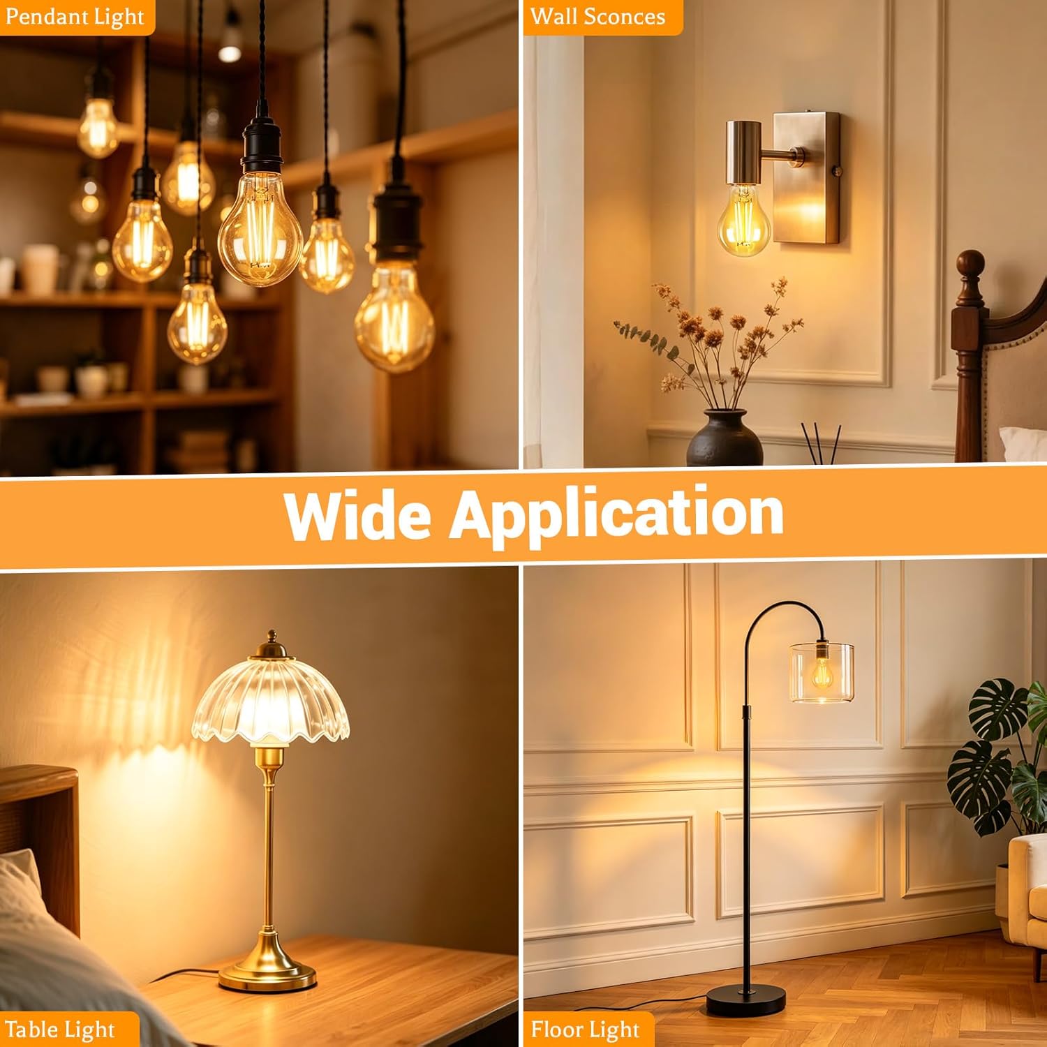 A19 Vintage LED Edison Bulbs 60W Equivalent, Amber Warm Light 2200K, Dimmable 6W A60 Antique LED Filament Bulbs, E26 Base Amber Light Bulbs for Home, 6 Pack